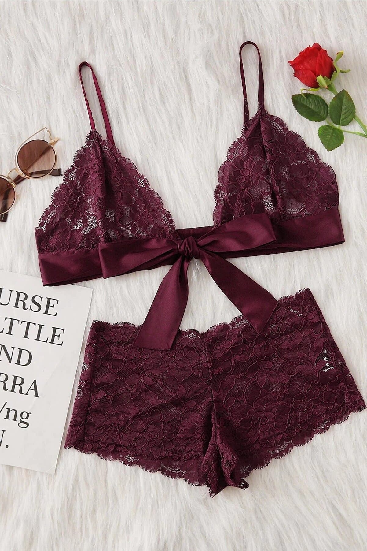Kadın Dantelli Bordo Sütyen Külot Takımı Kurdelalı Lingerie