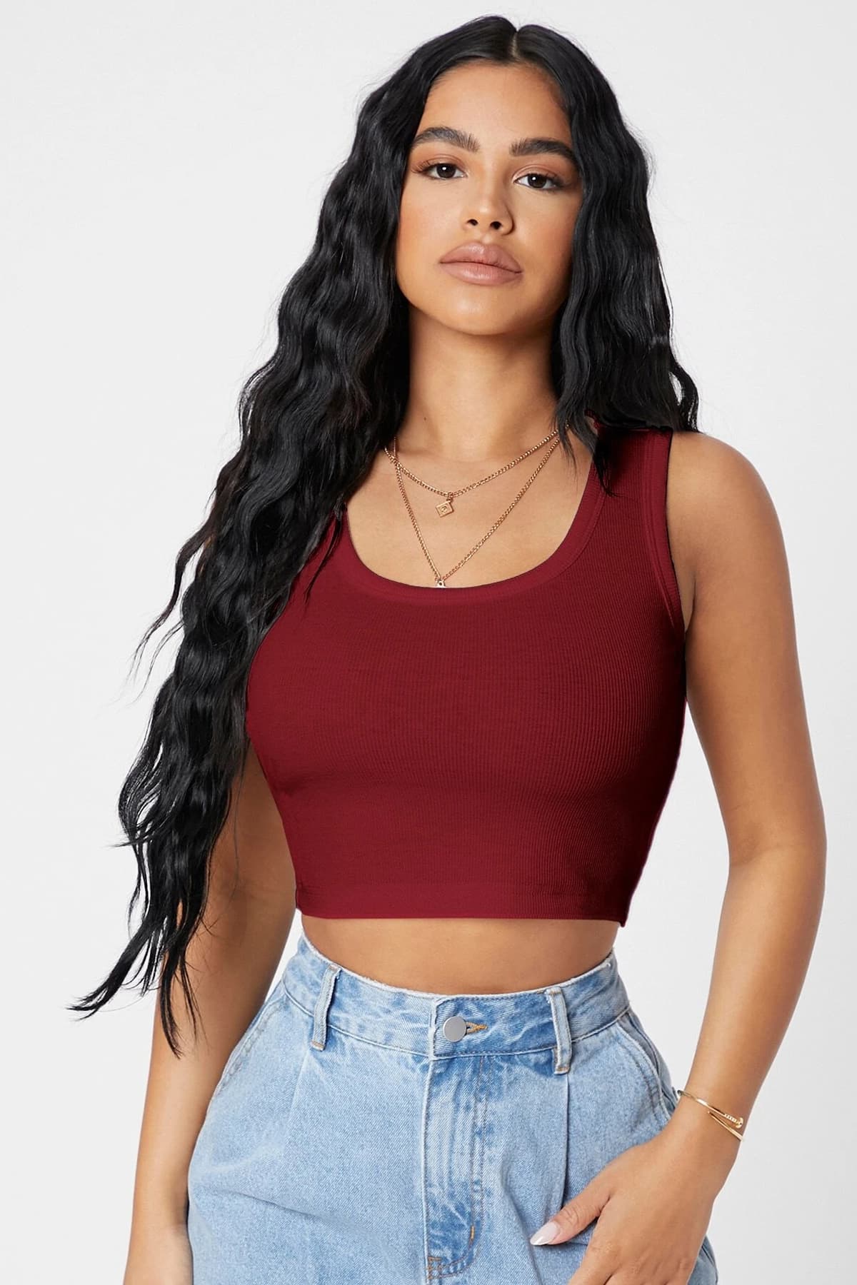 Kadın Crop Top Bluz Bordo Kare Yaka