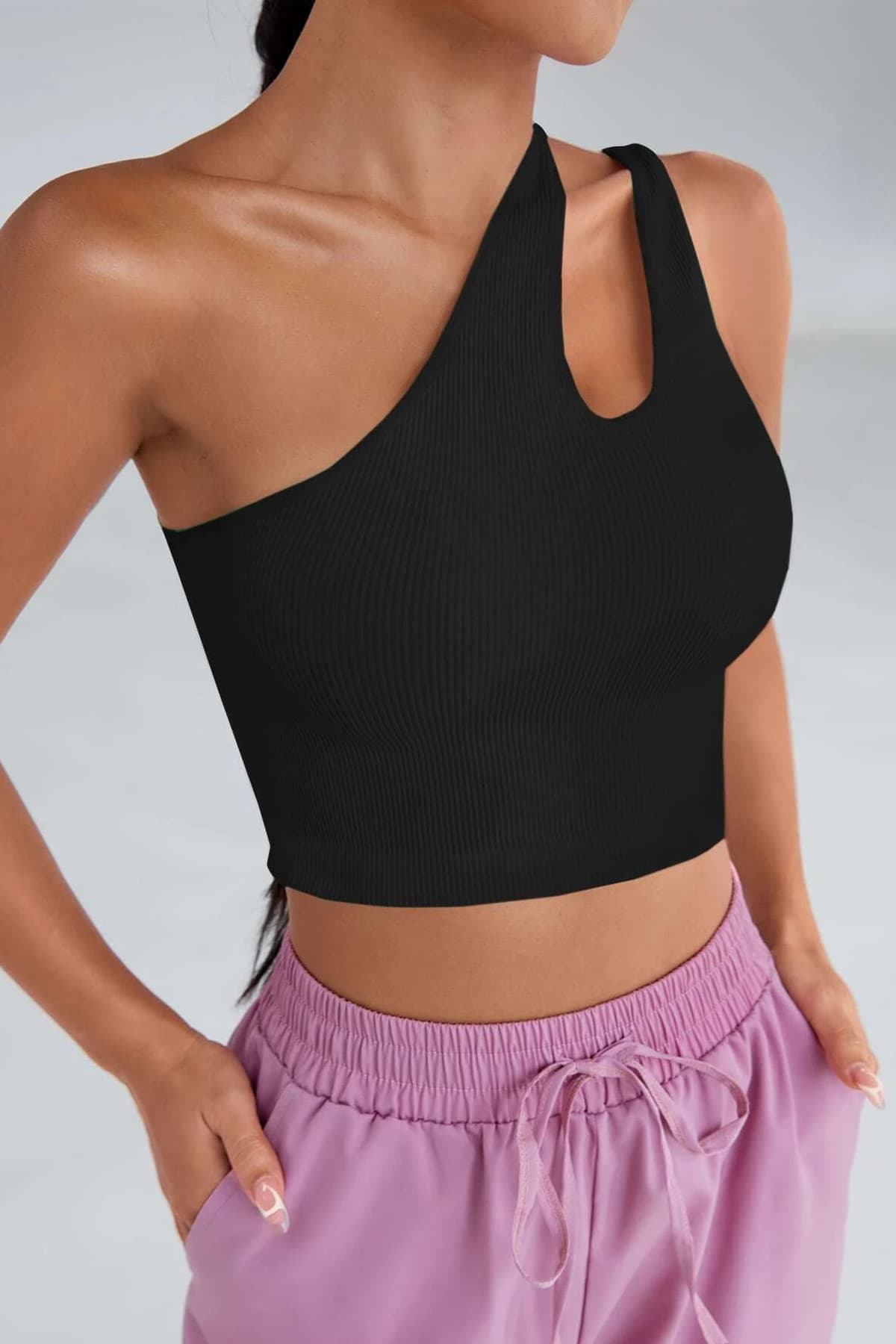 Bluz Crop Top Siyah Tek Omuz