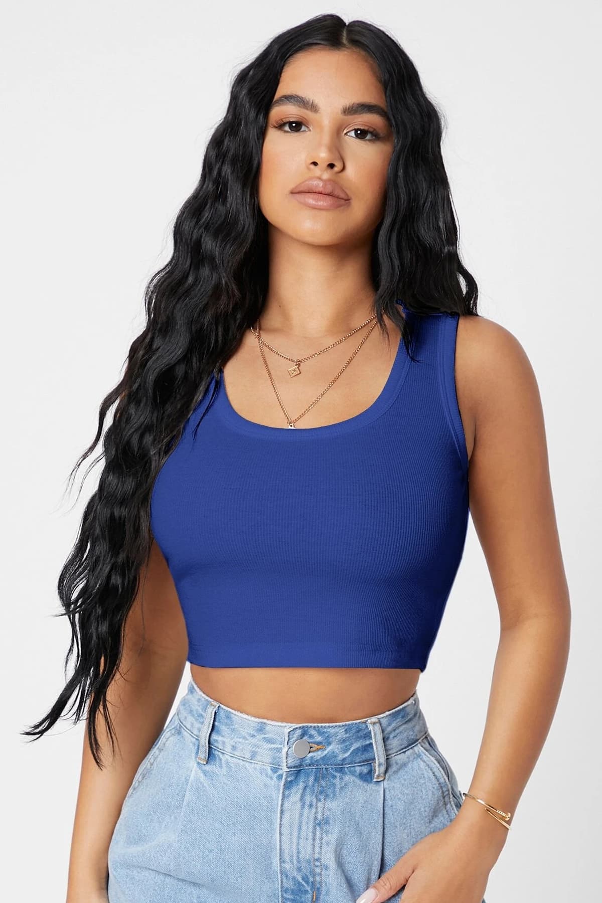 Kadın Crop Top Bluz Lacivert - Kare Yaka