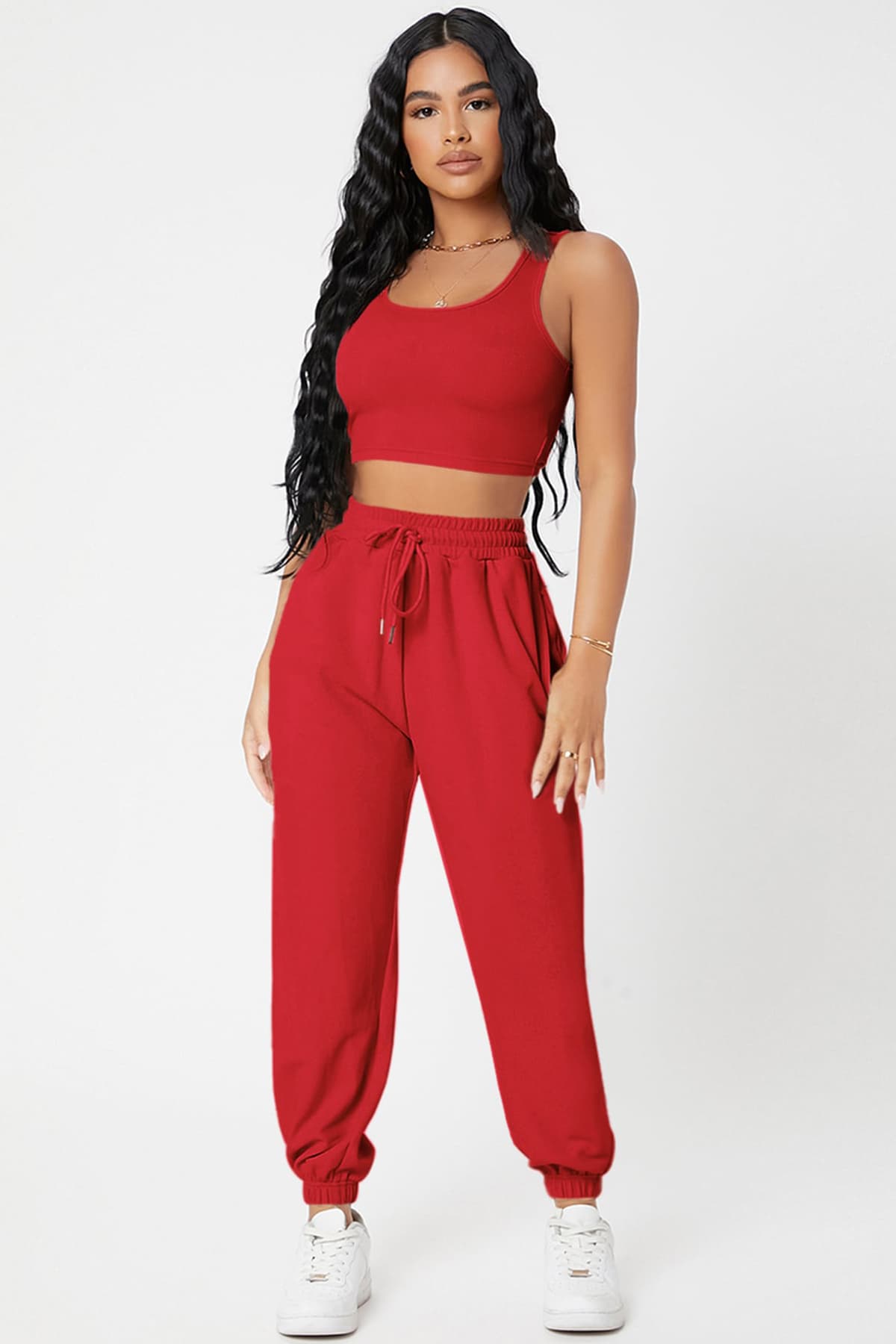 Kadın Kırmızı Jogger Eşofman Takımı - Pamuklu Crop Top