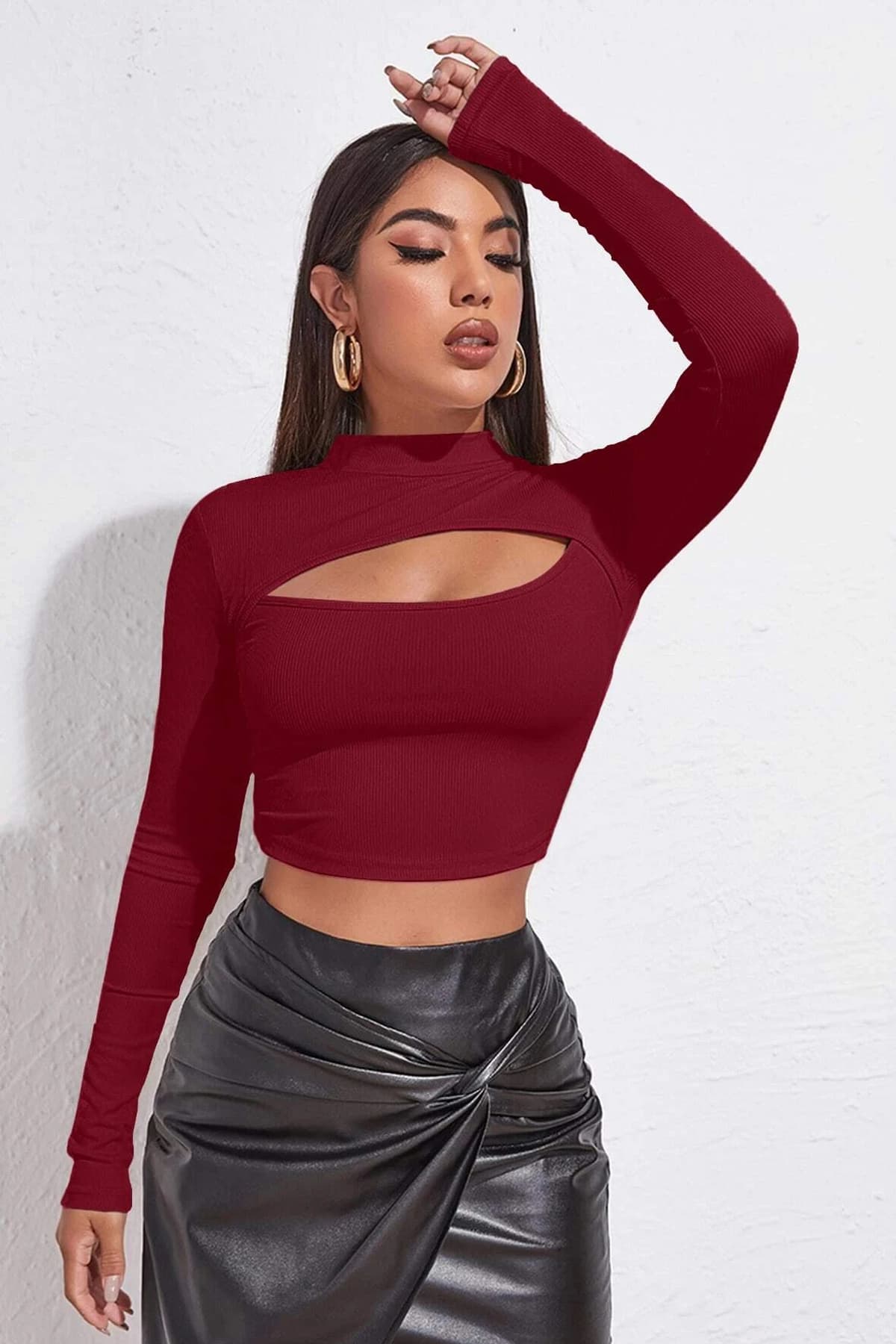 Bluz Crop Top Göğüs Dekolteli Bordo Uzun Kollu