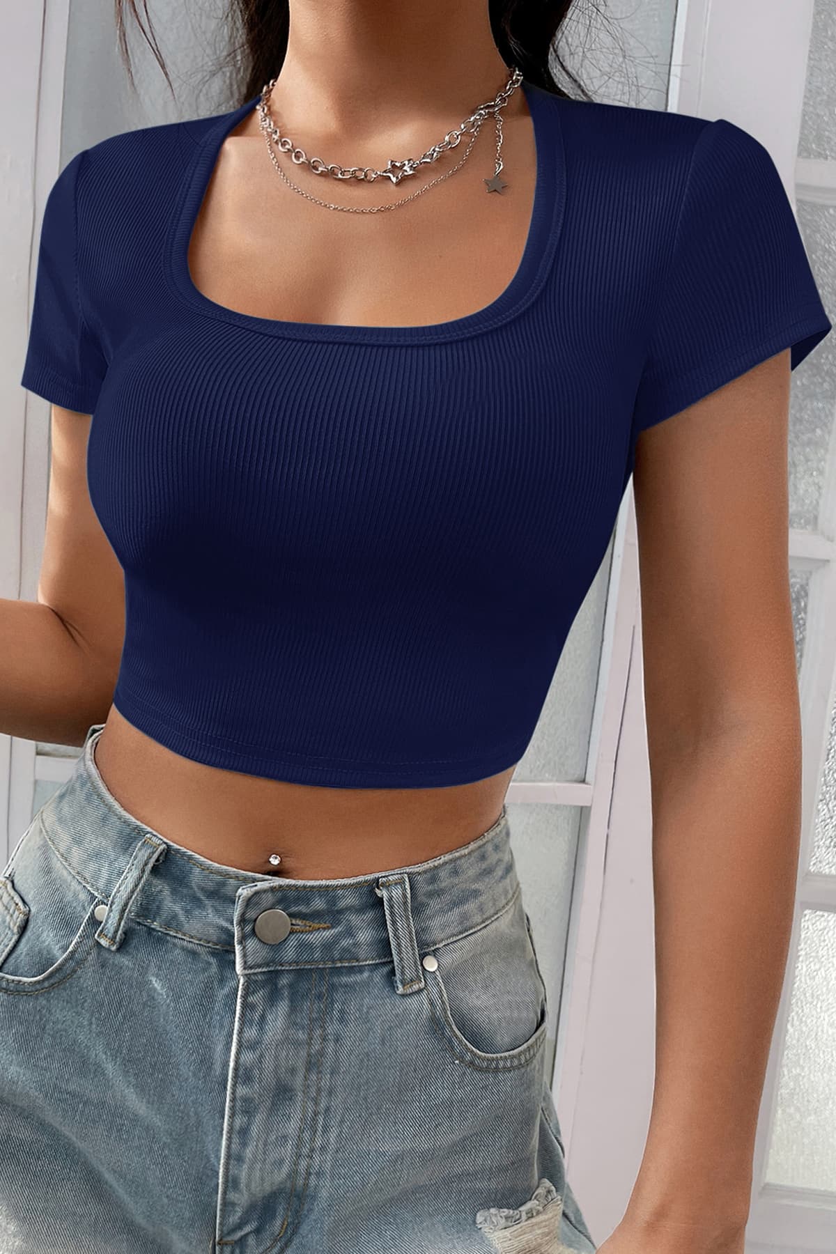 Crop Top Bluz Lacivert - Düz Yaka Kaşkorse