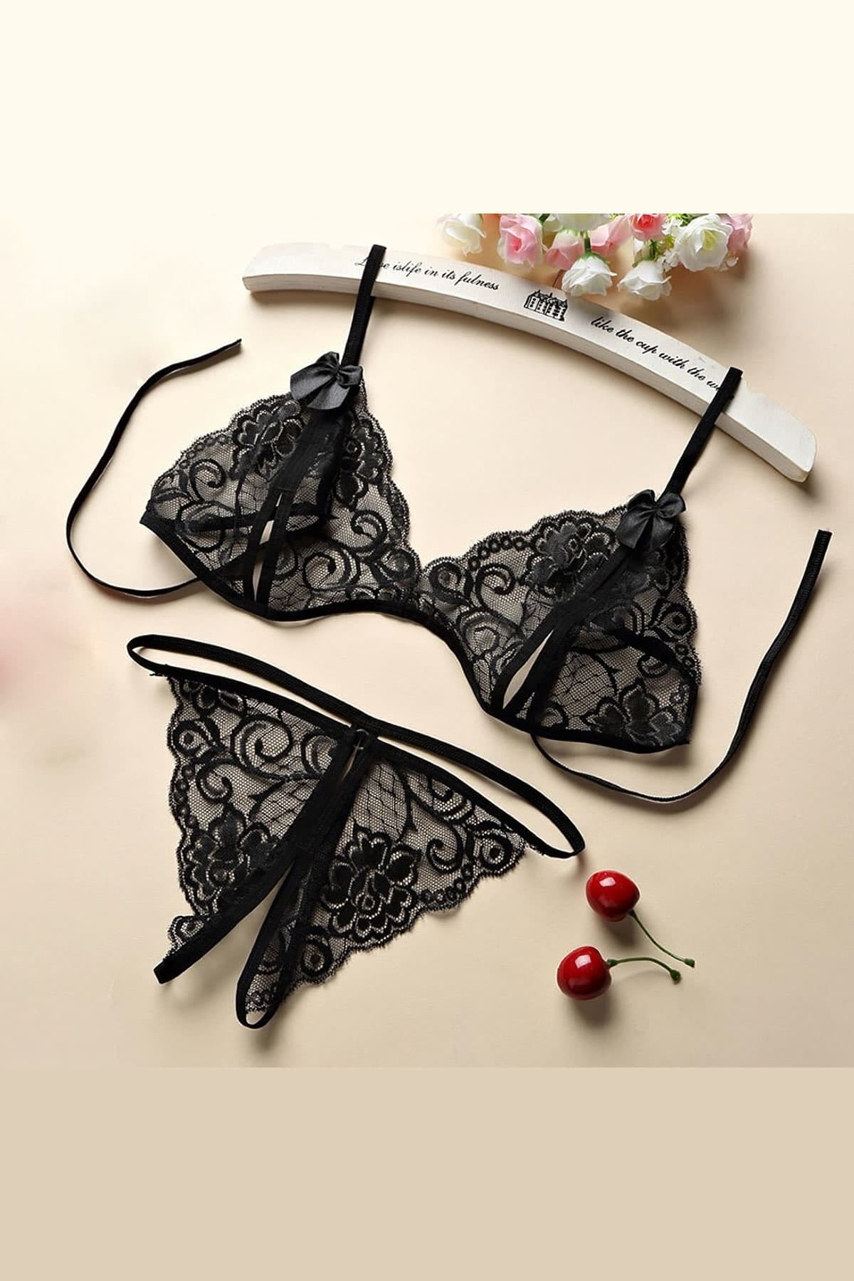 Kadın Siyah Dantel Sütyen Külot Takımı Romantik Fantezi İç Giyim