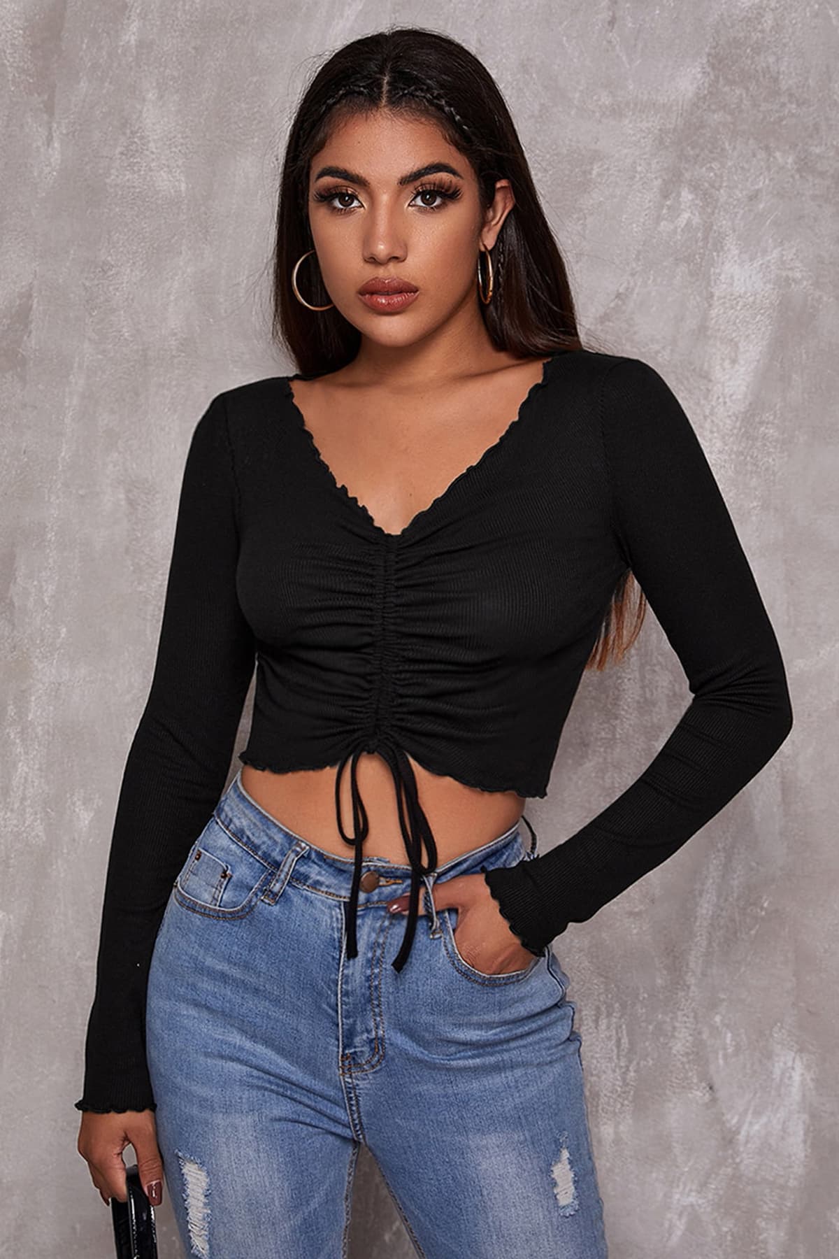 Bluz Crop Top Siyah Uzun Kollu Büzgülü