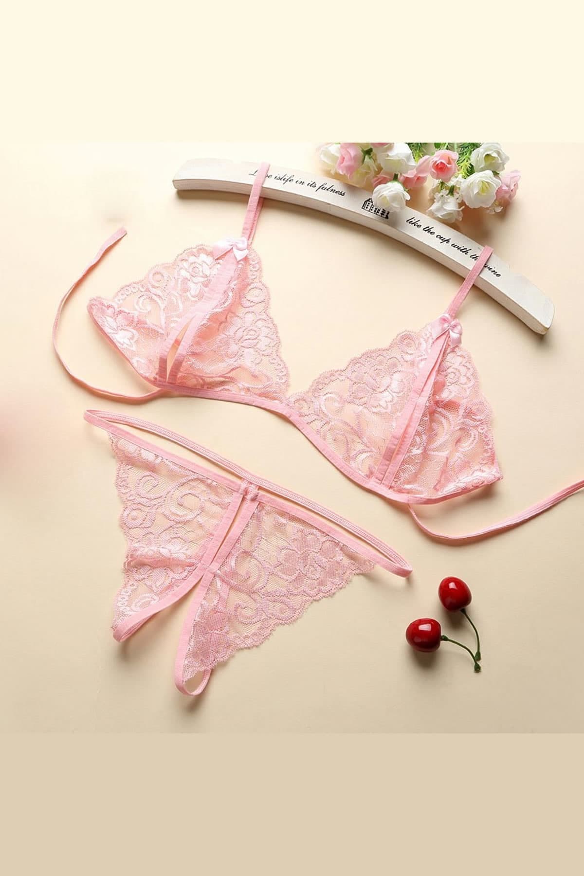 Pembe Dantelli Sütyen Külot Takımı Romantik İç Giyim Seti