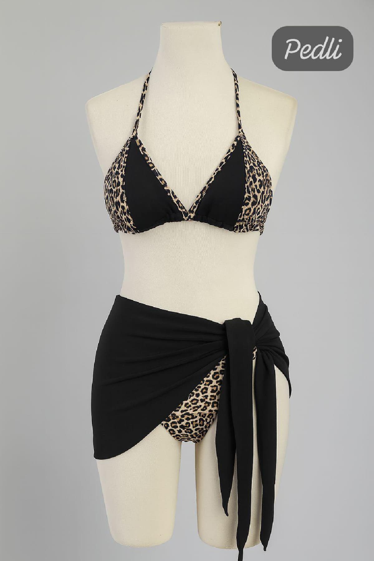 Bikini Takımı Leopar Desenli 3'lü Pareo Bikini