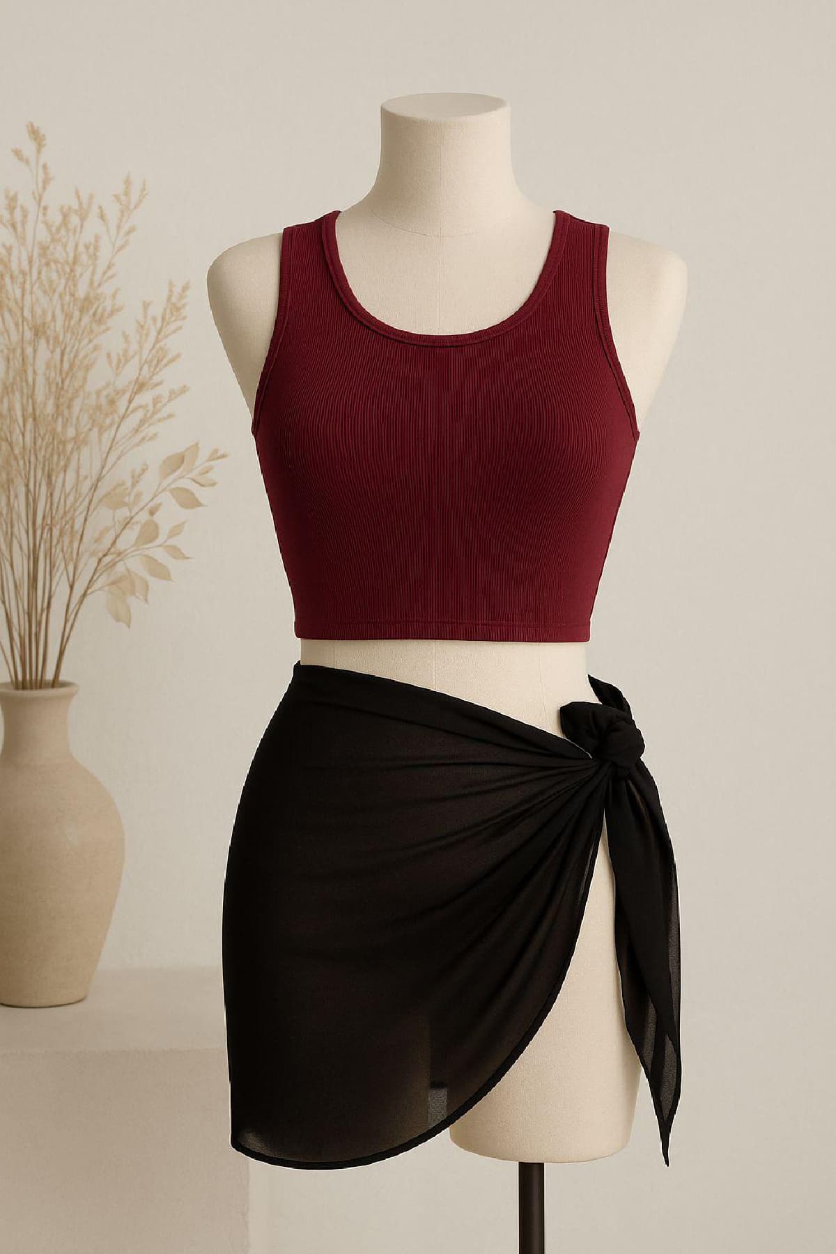 Kadın Pareo Set | Bordo Crop ve Siyah Tül