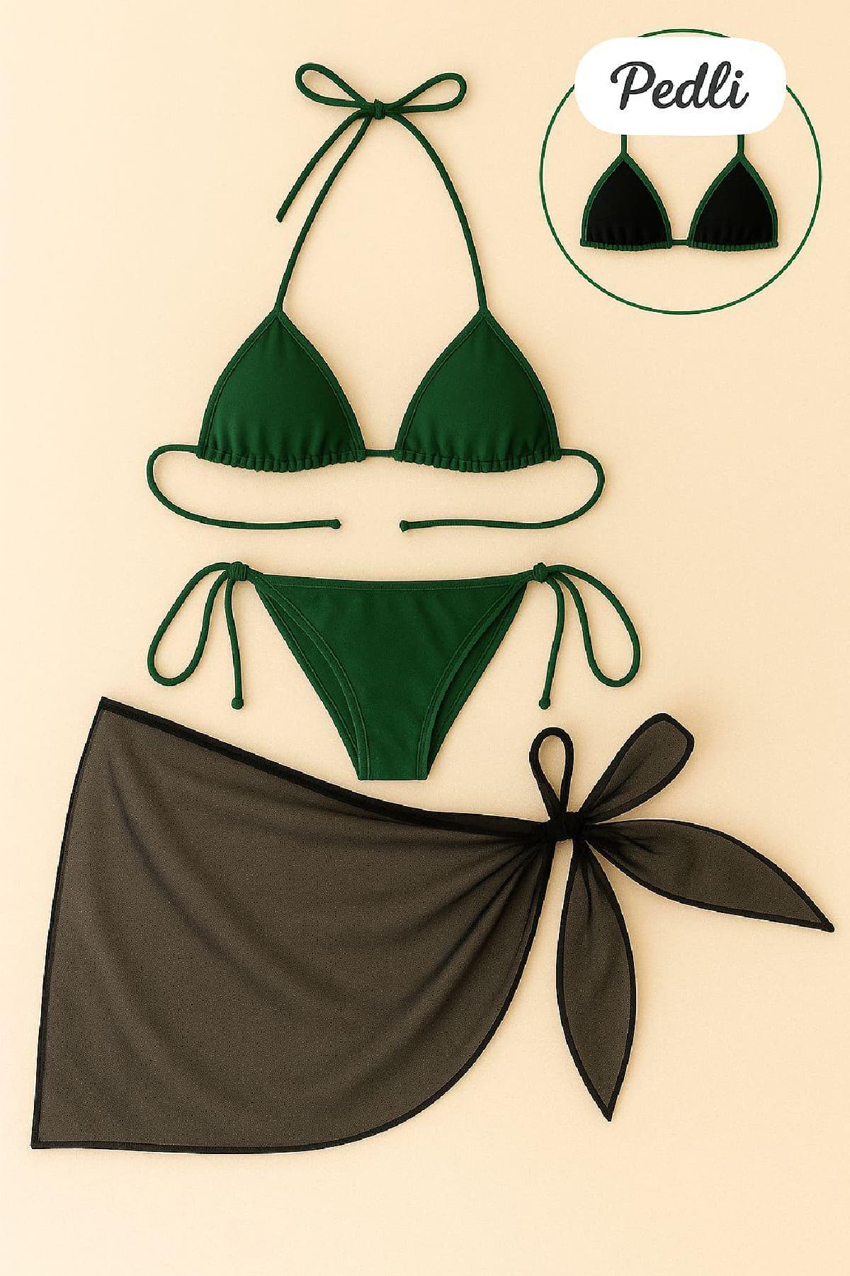 Bikini Takımı Yeşil Siyah Bağlamalı - Pedli
