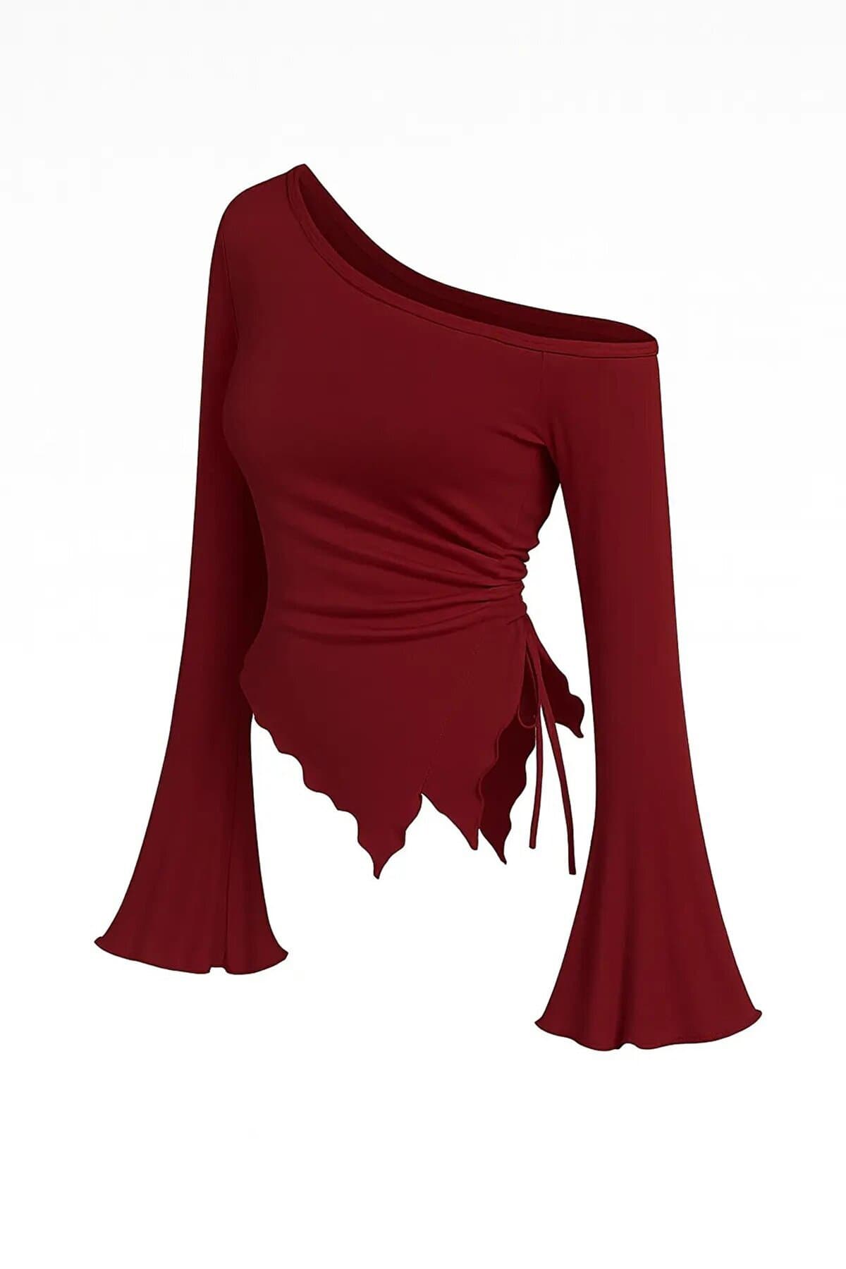 Bluz Bordo Asimetrik Drapeli Uzun Kollu