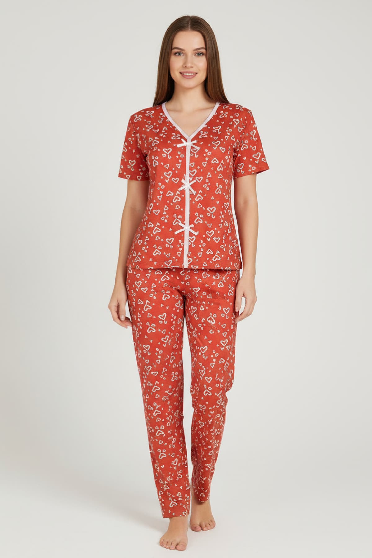 Pijama Takımı Pamuklu Uzun Kollu - Turuncu