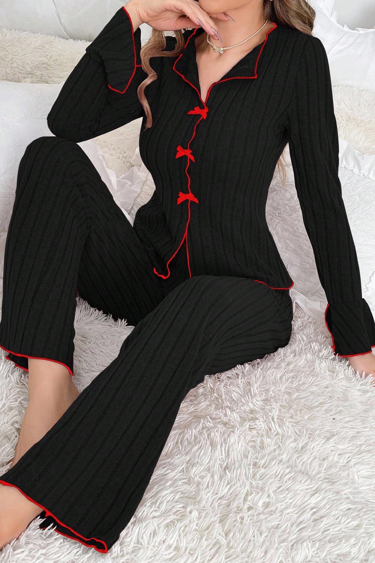 Pijama Takımı - Biyeli Uzun Kollu Siyah