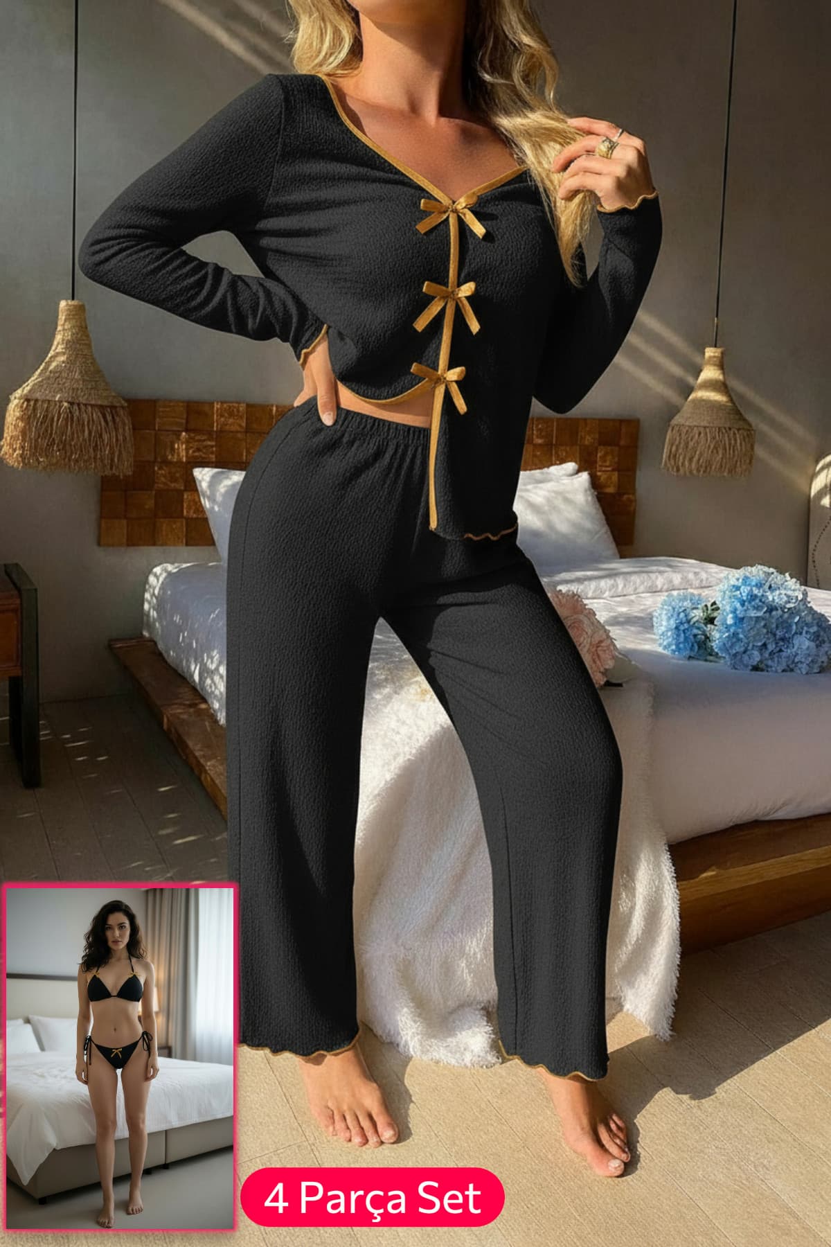 Bürümcük Pijama Takımı Siyah Uzun Kollu