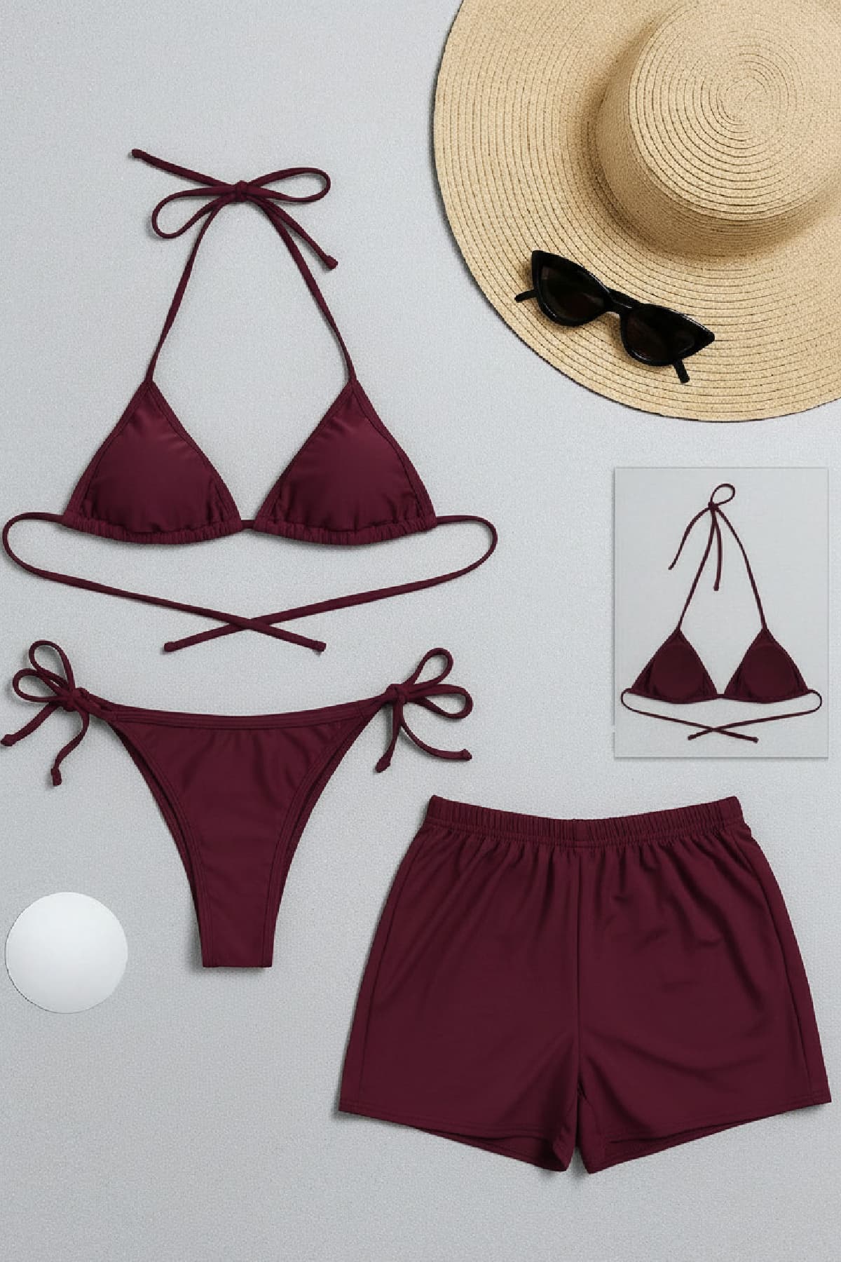 Kadın 3'lü Set Bordo Şortlu ve Yandan Bağlamalı Bikini Mayo Takımı