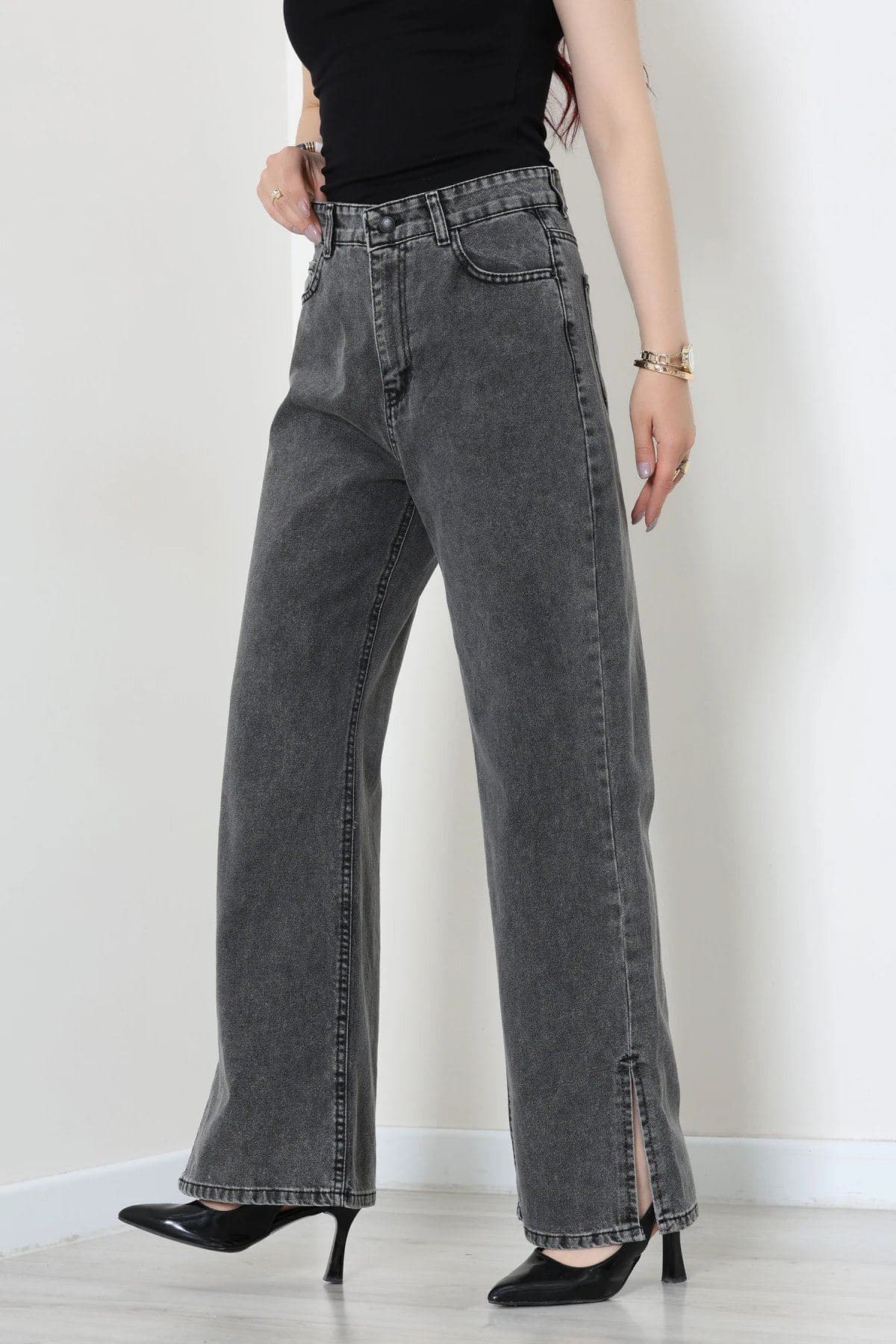 Paça Yırtmaçlı Kot Pantolon Gri - 33061.2121.