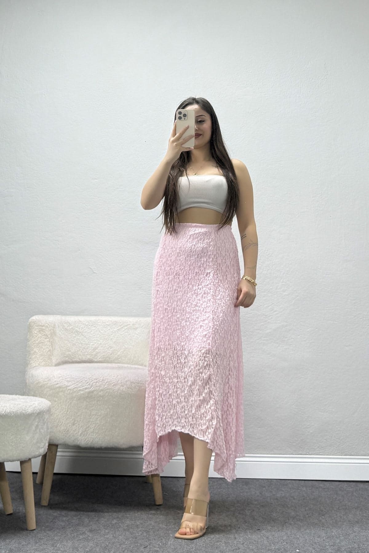 Dantelli Asimetrik Kesim Etek Pembe - 62100.1247.
