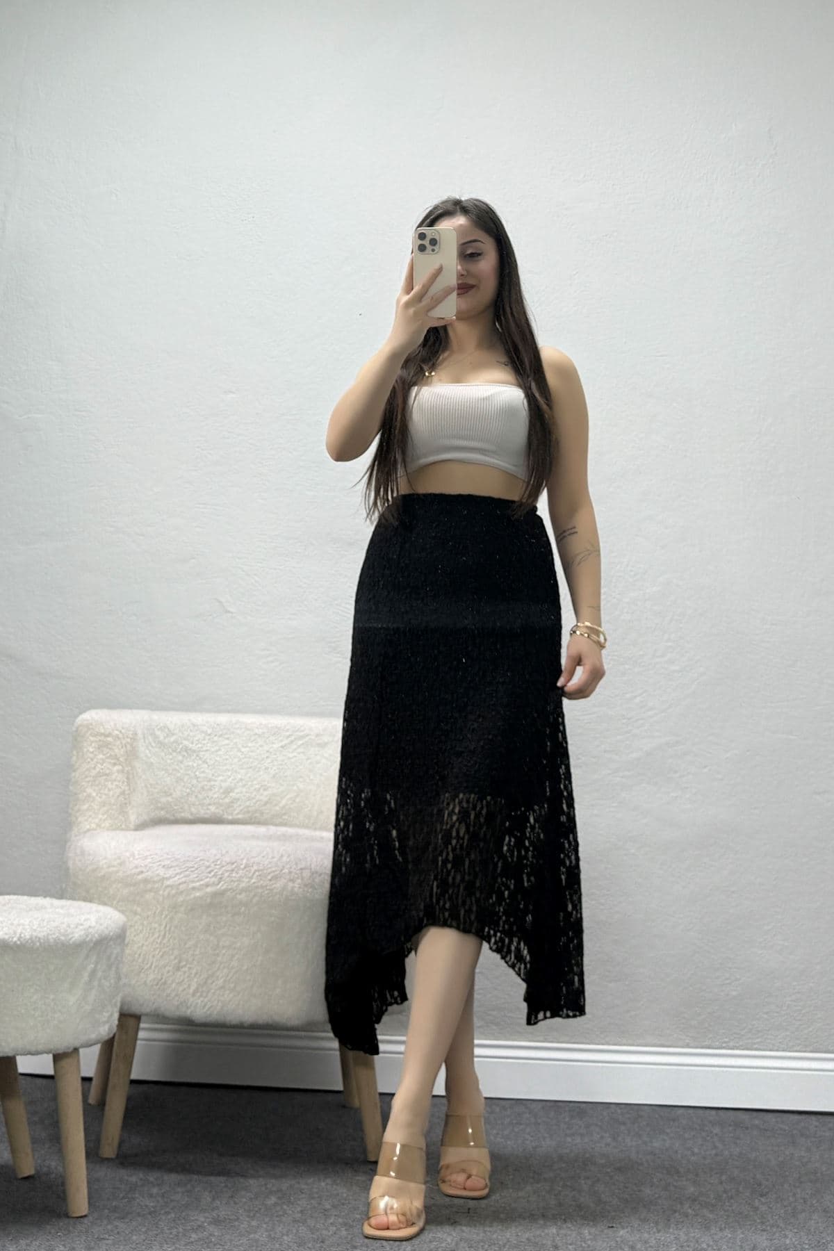Dantelli Asimetrik Kesim Etek Siyah - 62100.1247.