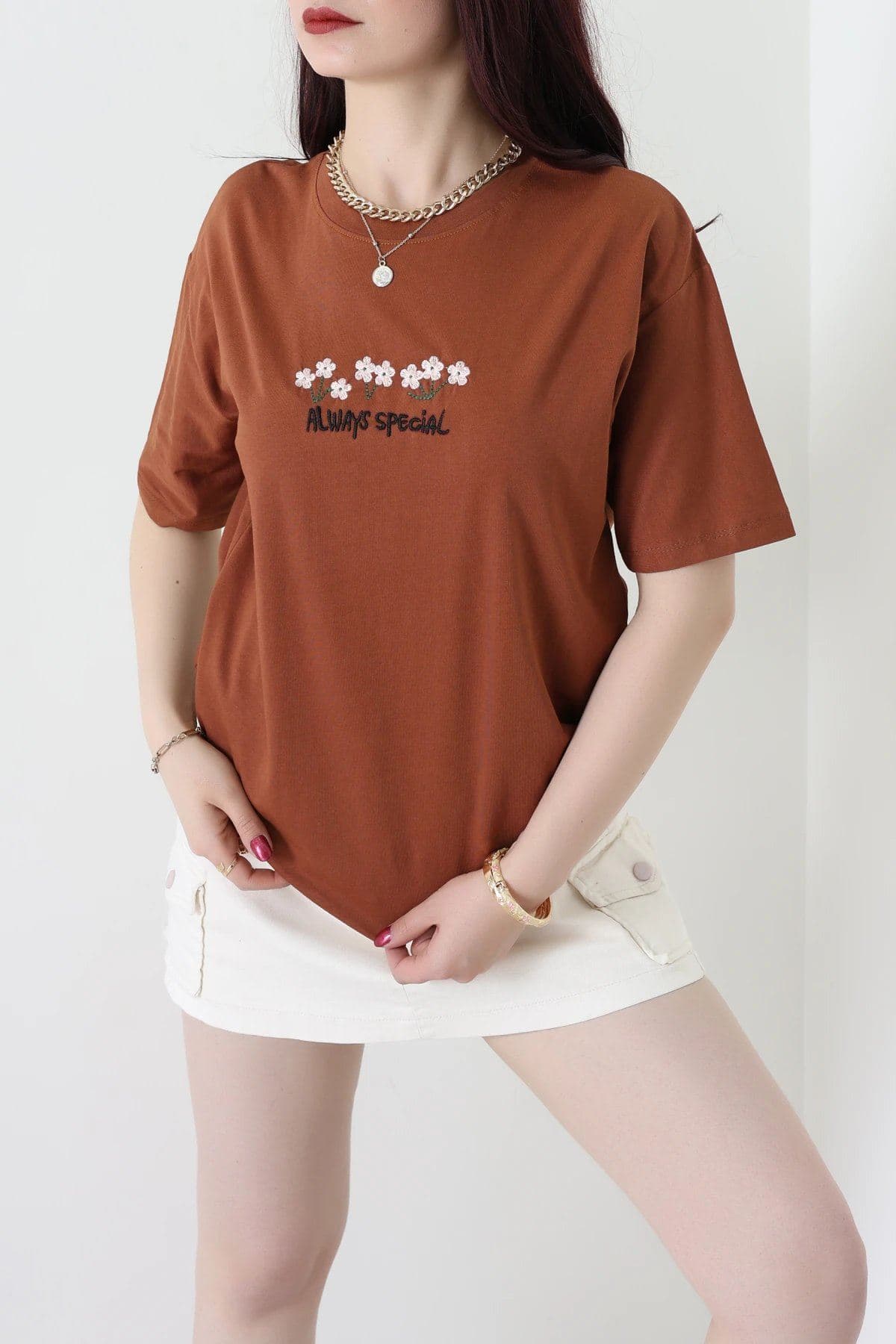 Suprem Nakışlı Oversize Tişört Kiremit - 31880.1878.