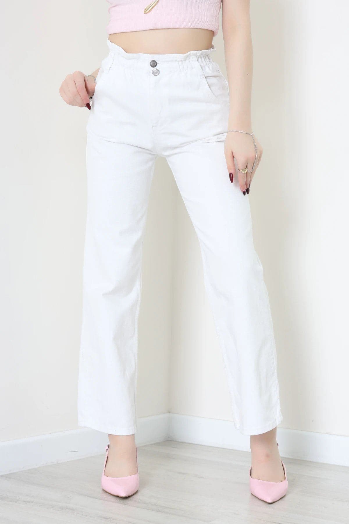 Bel Lastikli Palazzo Kot Pantolon Beyaz - 405354.2141.