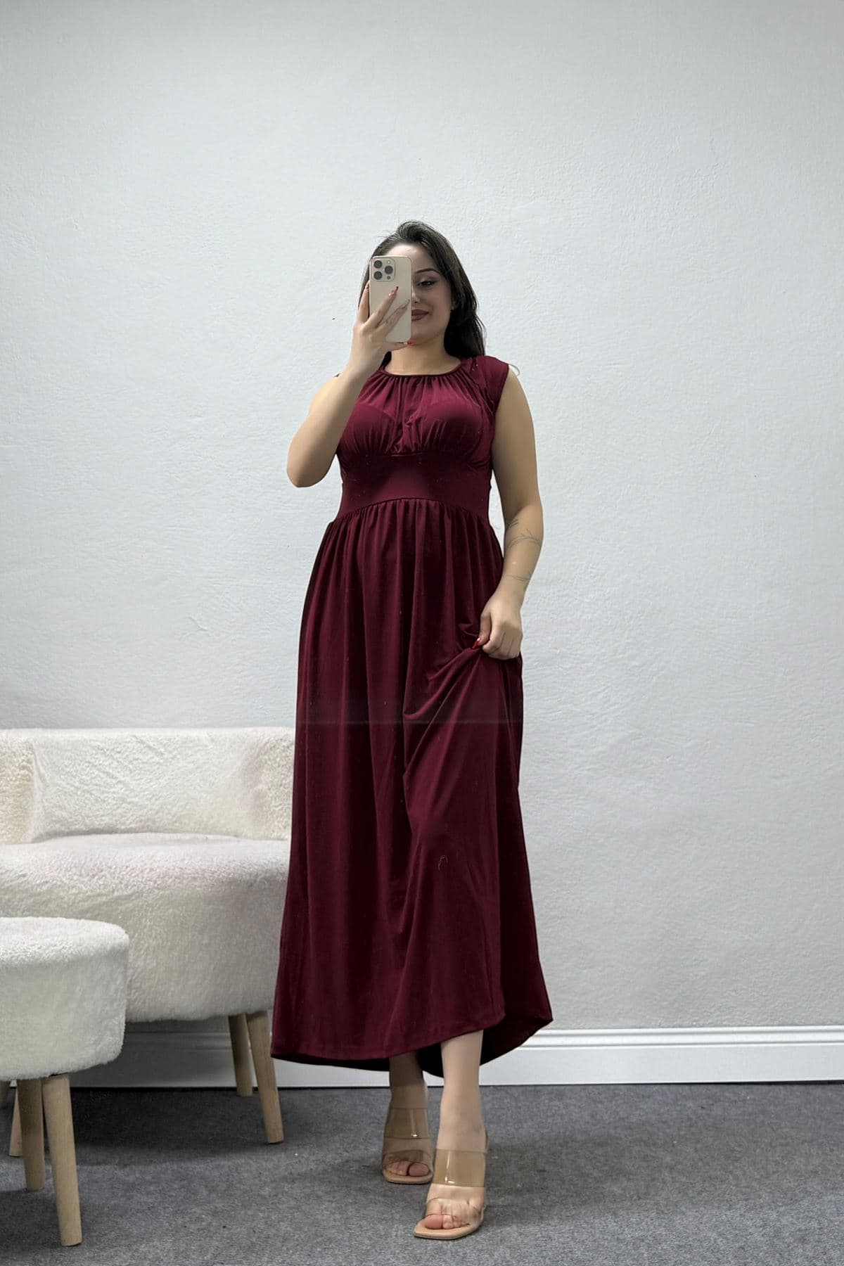 Drapeli Belden Oturtmalı Sandy Elbise Bordo - 71749.2023.