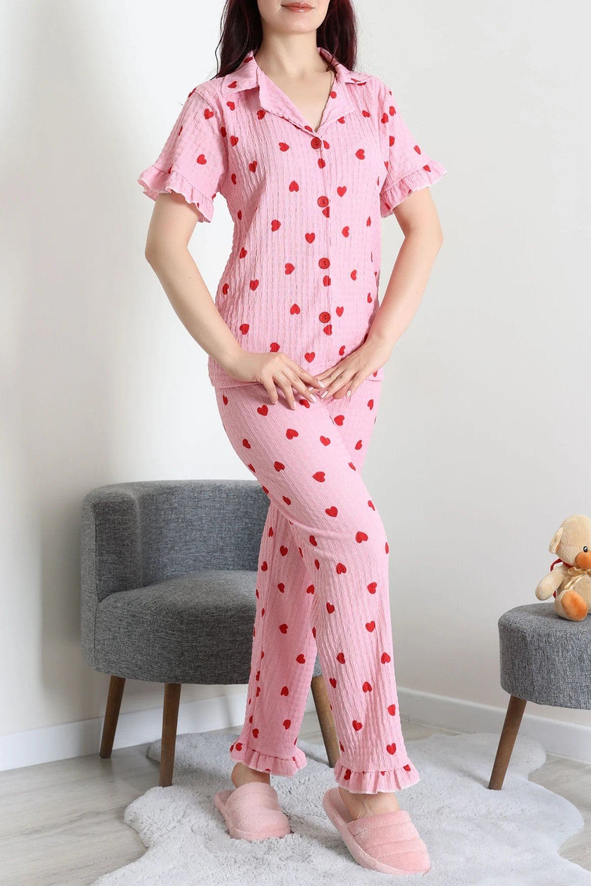 Bürümcük Fırfırlı Pijama Takımı Pembekırmızı - 127.1287.