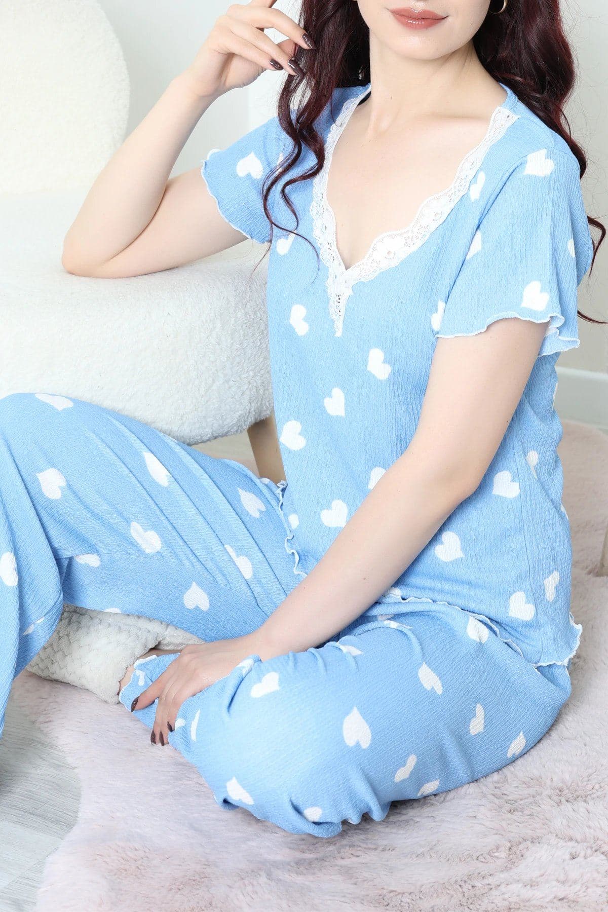 Kurdeleli Bürümcük Pijama Takımı Mavi - 52339.2159.