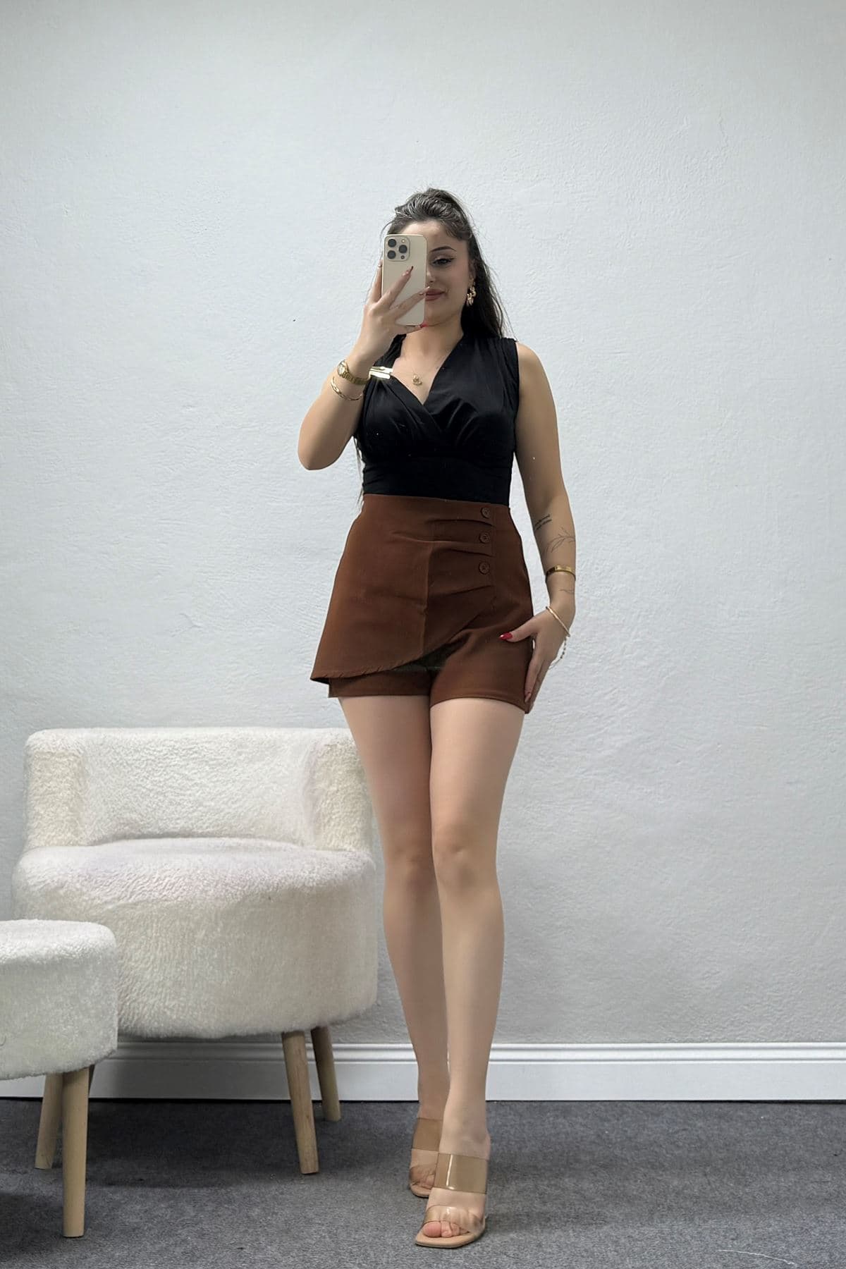 Dabıl Kumaş Düğme Detaylı Kadın Şort Taba - 53663.1397.
