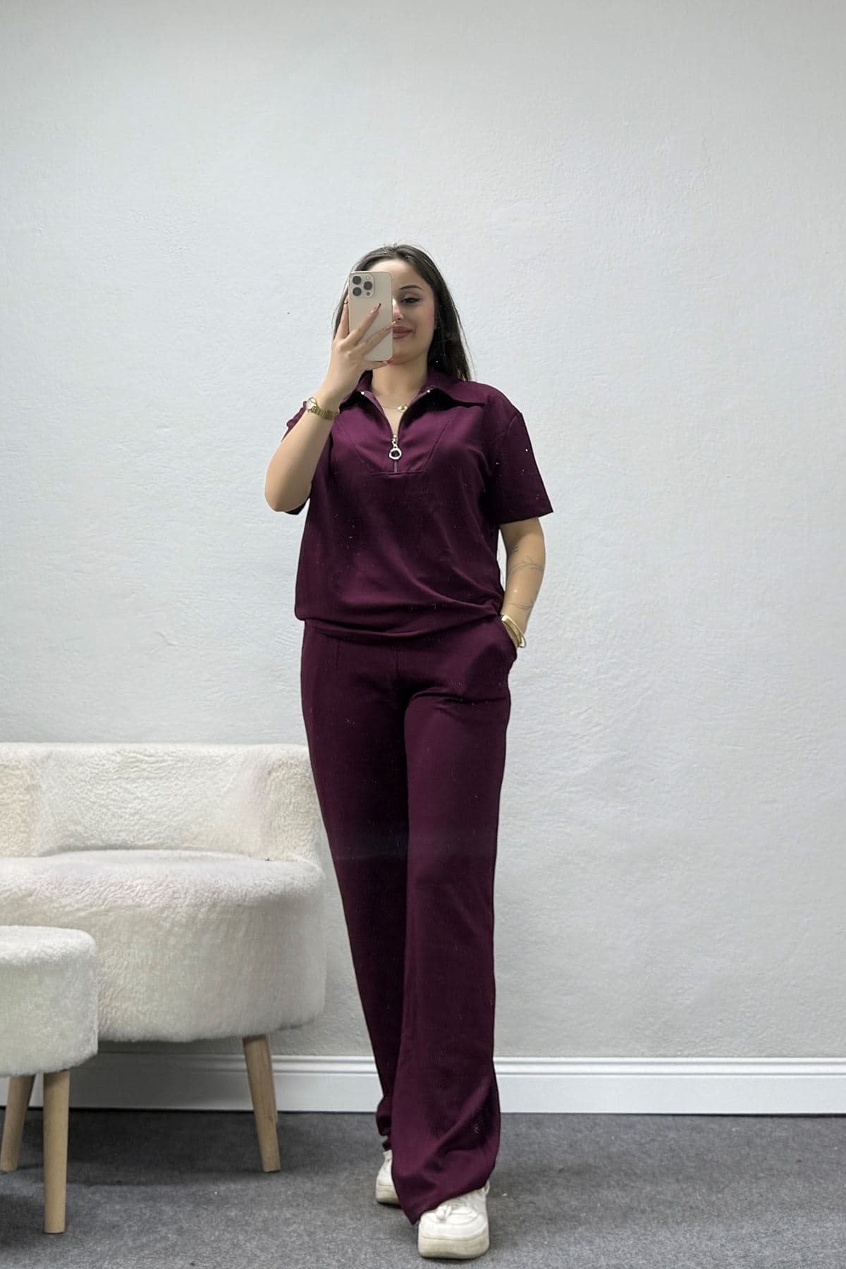 Fermuarlı Modal Polo Yaka İkili Takım Bordo - 90034.2180.