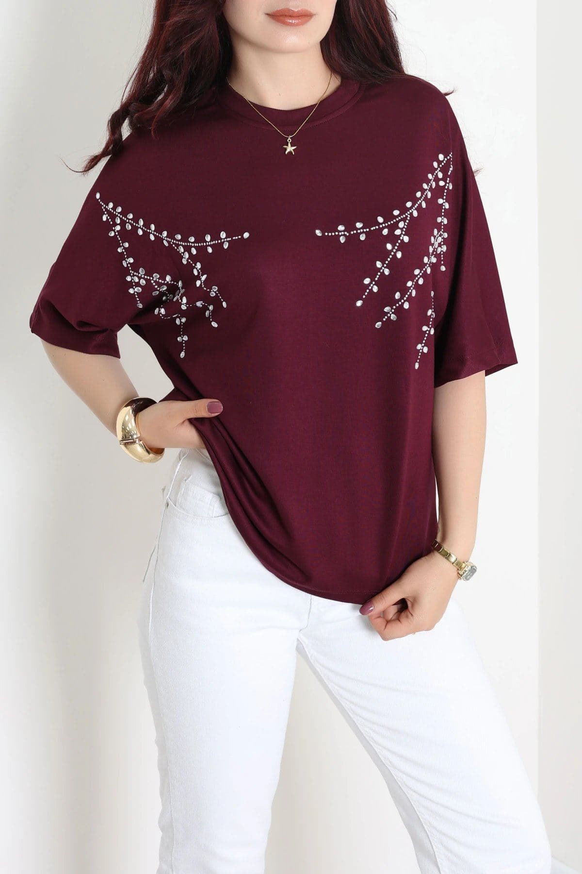 Taş Detaylı Tasarım Modal Bluz Mürdüm - 10401.2180.