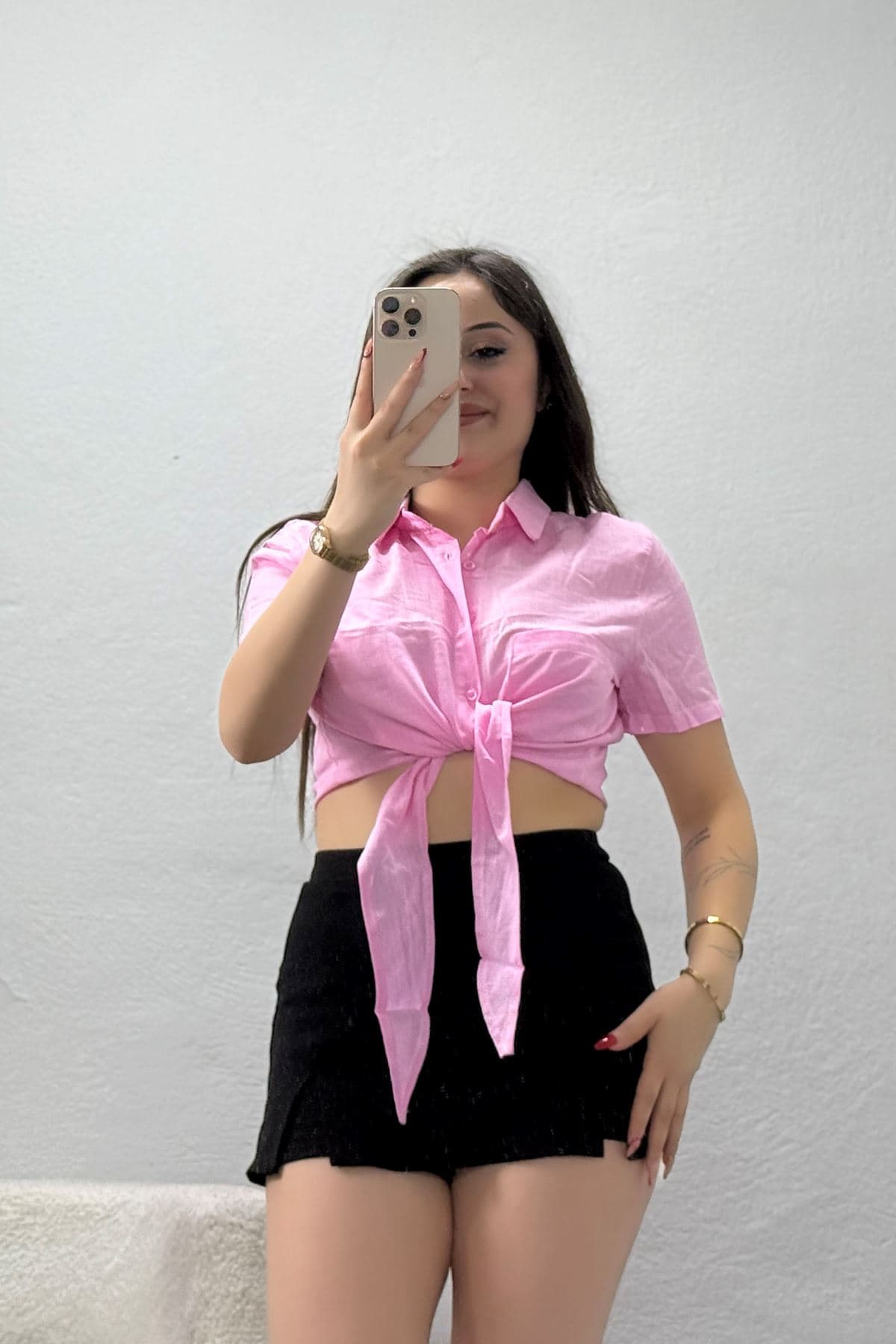 Keten Crop Gömlek Pembe - 75152.1353.