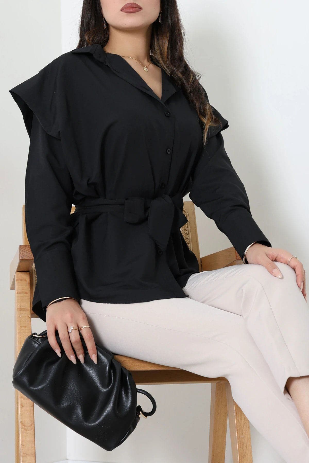 Bağlama Detay Oversize Poplin Gömlek Siyah - 75159.1228.