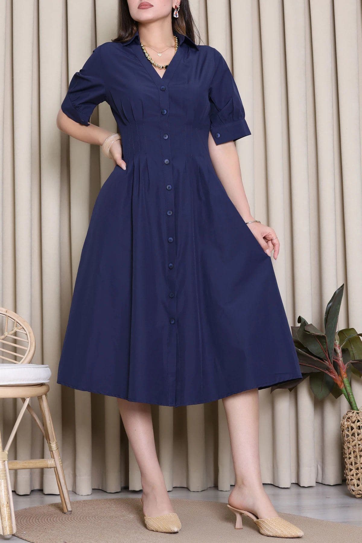 Beli Pensli Poplin Elbise Lacivert - 52427.1322.