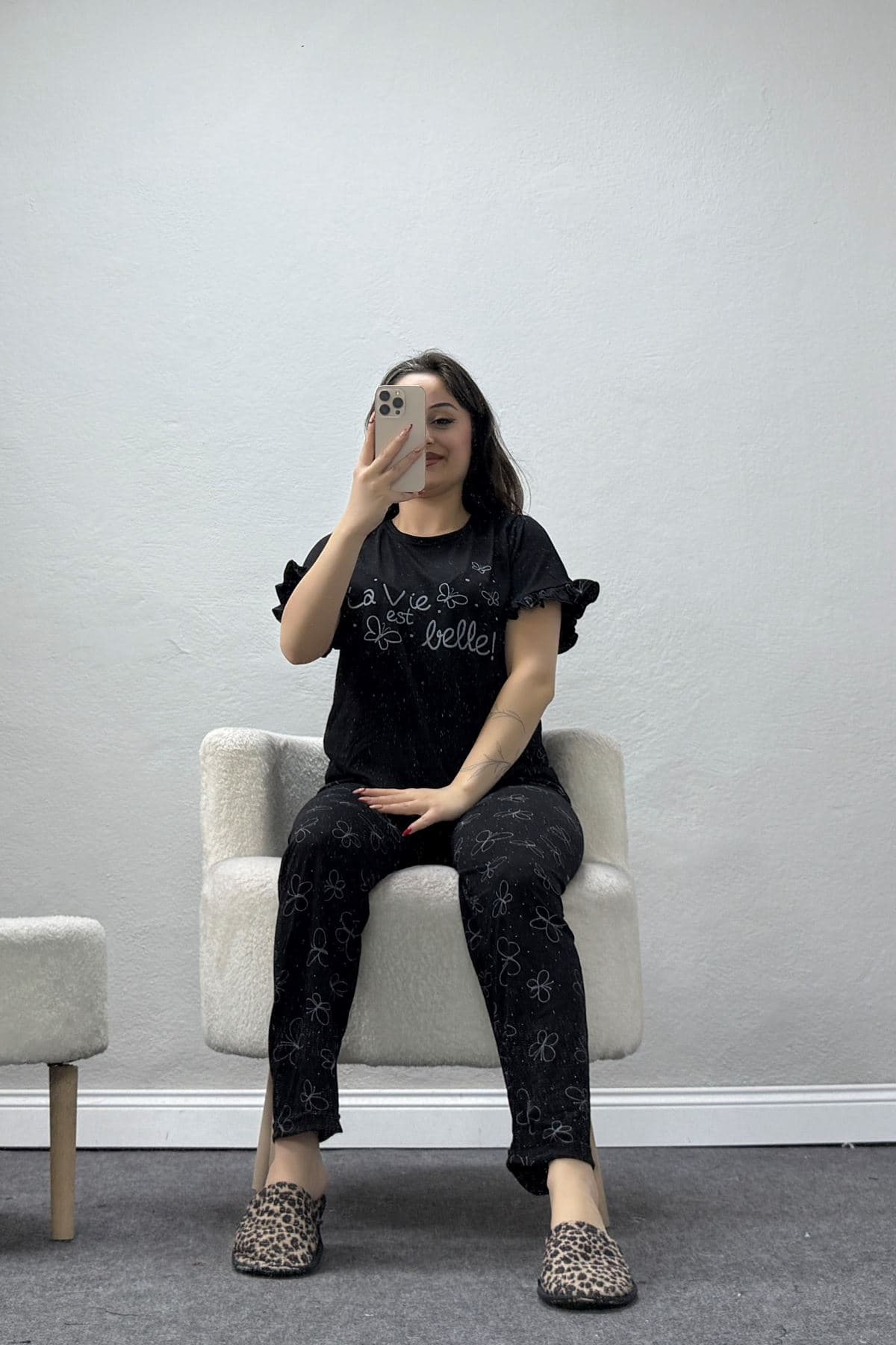 Viskon Fırfırlı Pijama Takımı Siyah - 53721.2145.