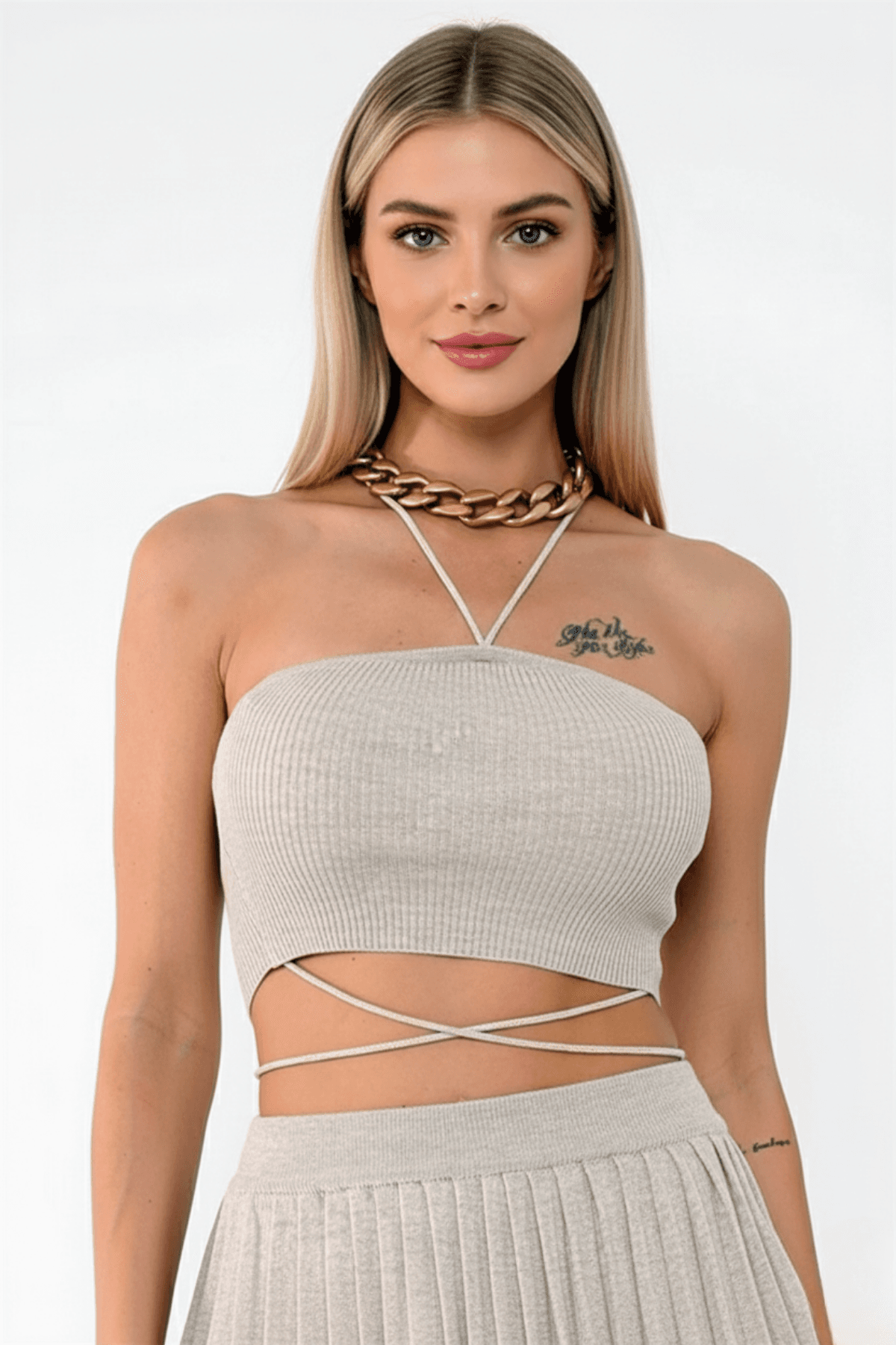 Kadın Boyun Bağlamalı Straplez Crop Bluz