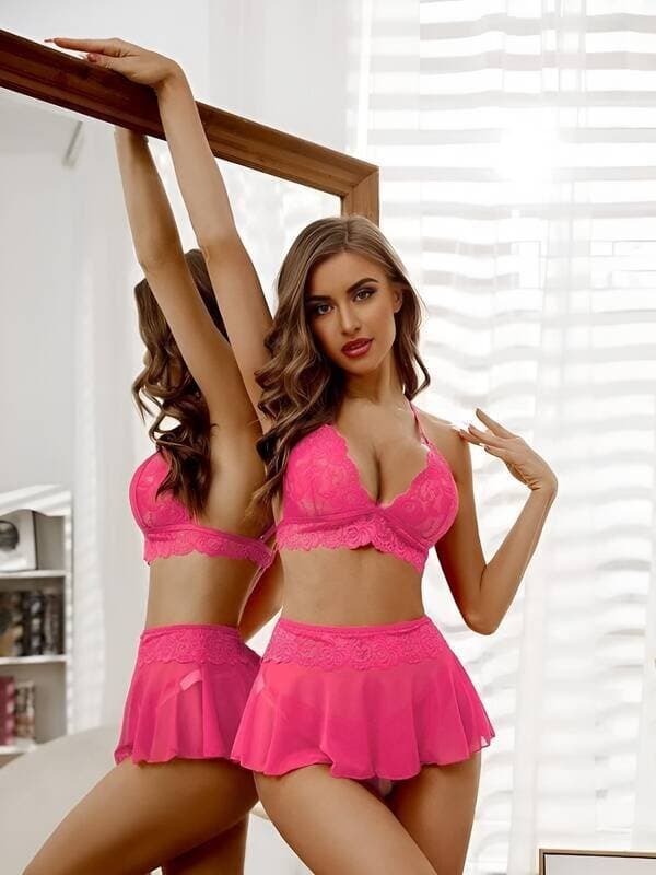 Dantel Ve Tül Detaylı Seksi Kadın Fantezi Gecelik Takımı