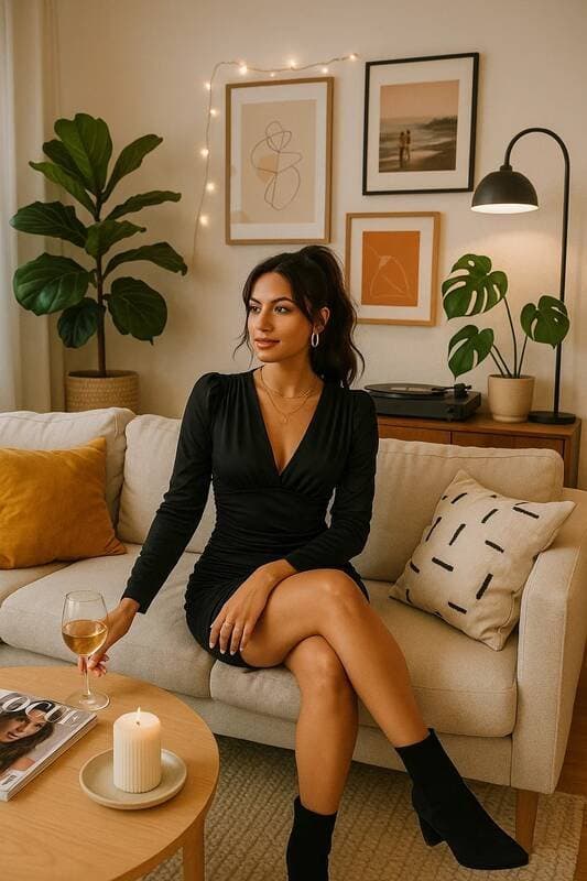 V Yaka Uzun Kollu Bodycon Mini Elbise - Siyah