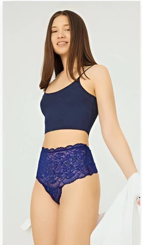 Dantelli Yüksek Bel Tanga Çapraz Bantlı İç Giyim Mavi