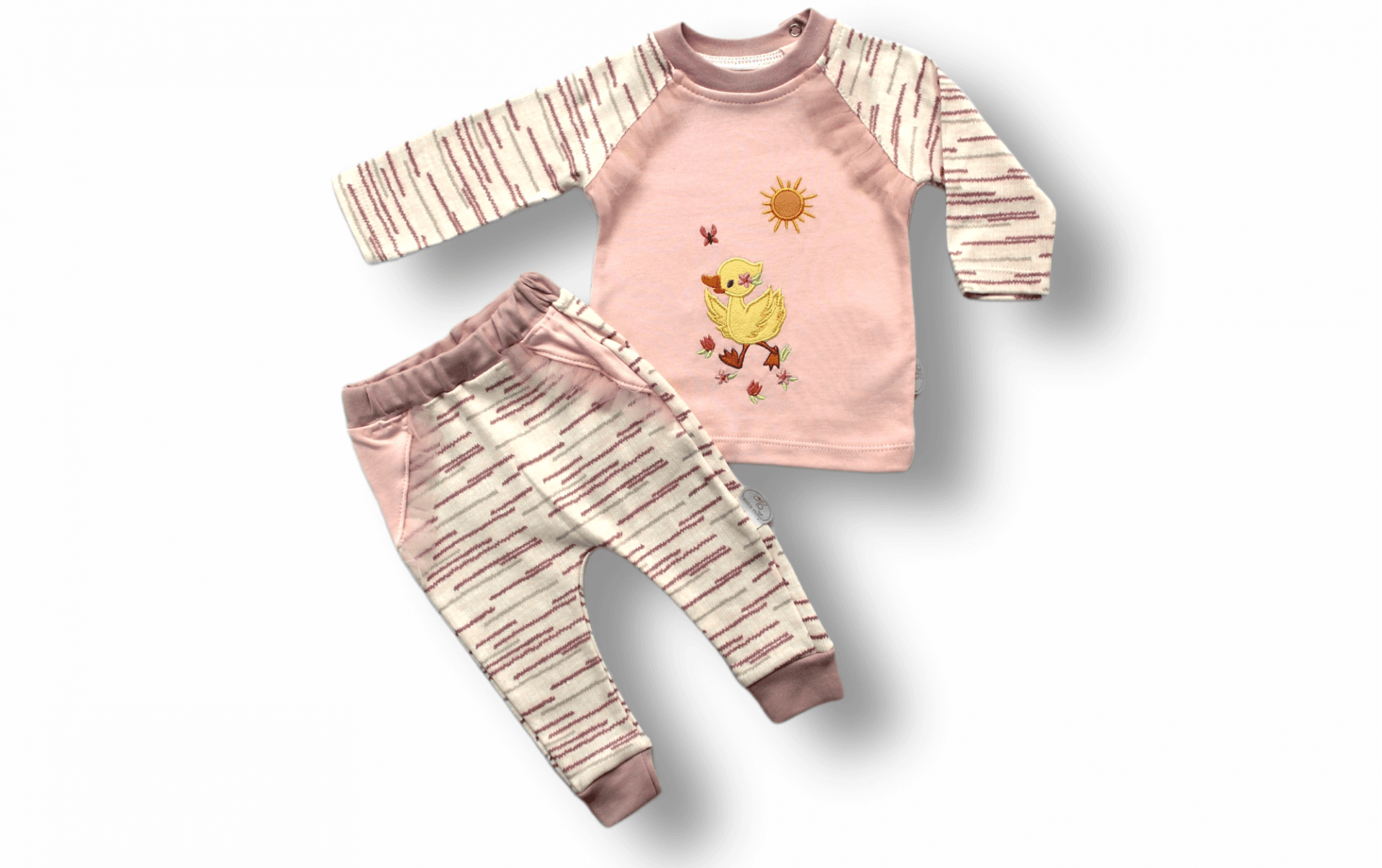 Süslü Ördek Nakışlı Uzun Kollu Bebek Seti Pembe