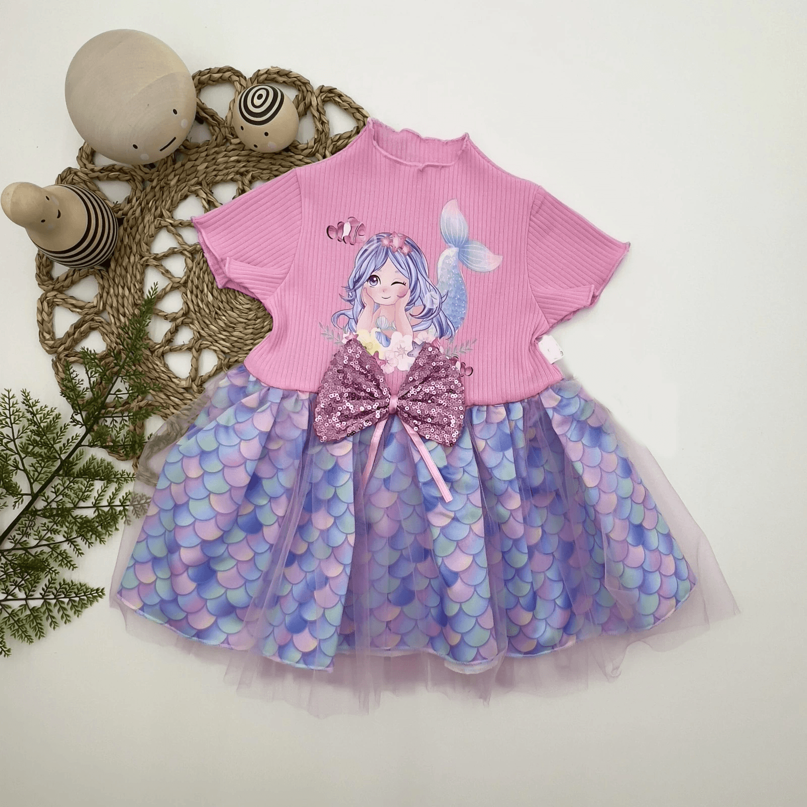 Pembe Denizkızı Baskılı Pul Desenli Etekli Bebek Kız Elbisesi