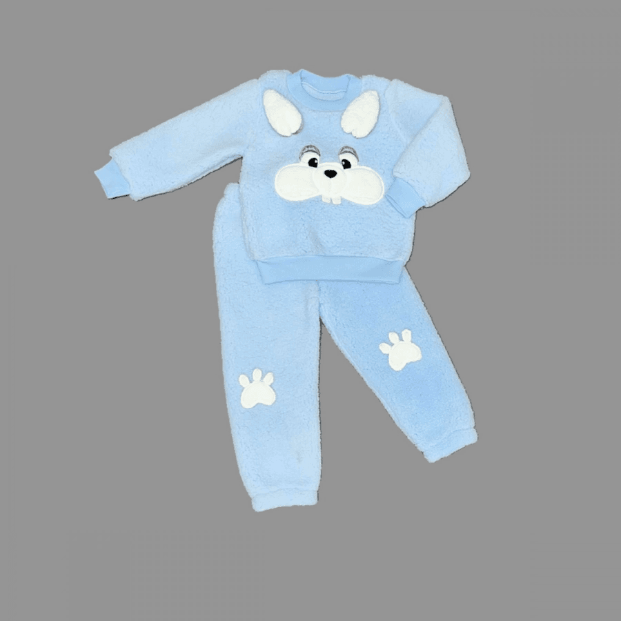 Kulaklı Tavşan Figürlü Kuzu Kumaş Bebek Sweat Takımı Mavi