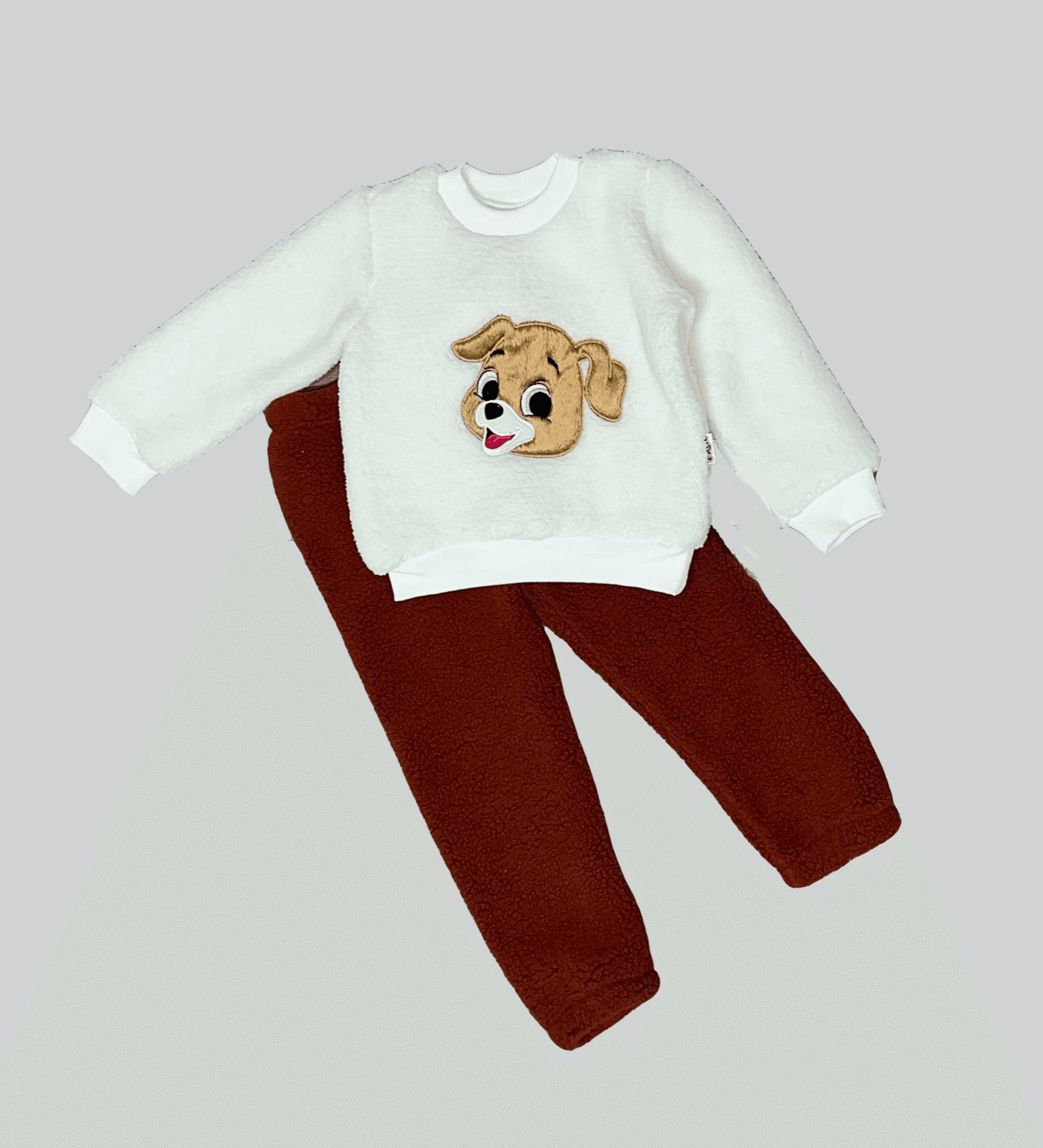 1-2-3 Yaş Mutlu Köpekcik Nakışlı Kuzu Kumaş Sweat Patili Pantolon Uzun Kollu Kız Erkek 2 Li Takımı Bordo
