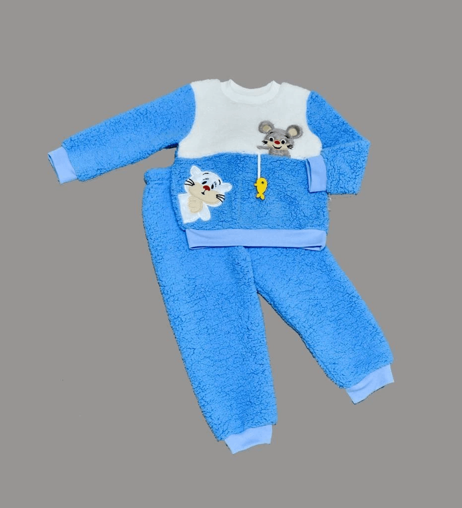Bebek Kuzu Kumaş Sweat Takımı Saks Mavisi Nakışlı Uzun Kollu Set