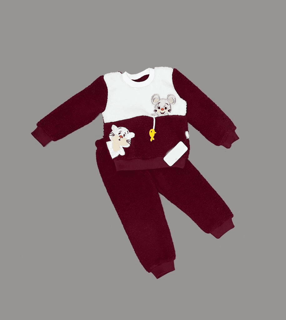 Bordo Kuzu Kumaş Bebek Sweatshirt ve Pantolon Takımı Uzun Kollu