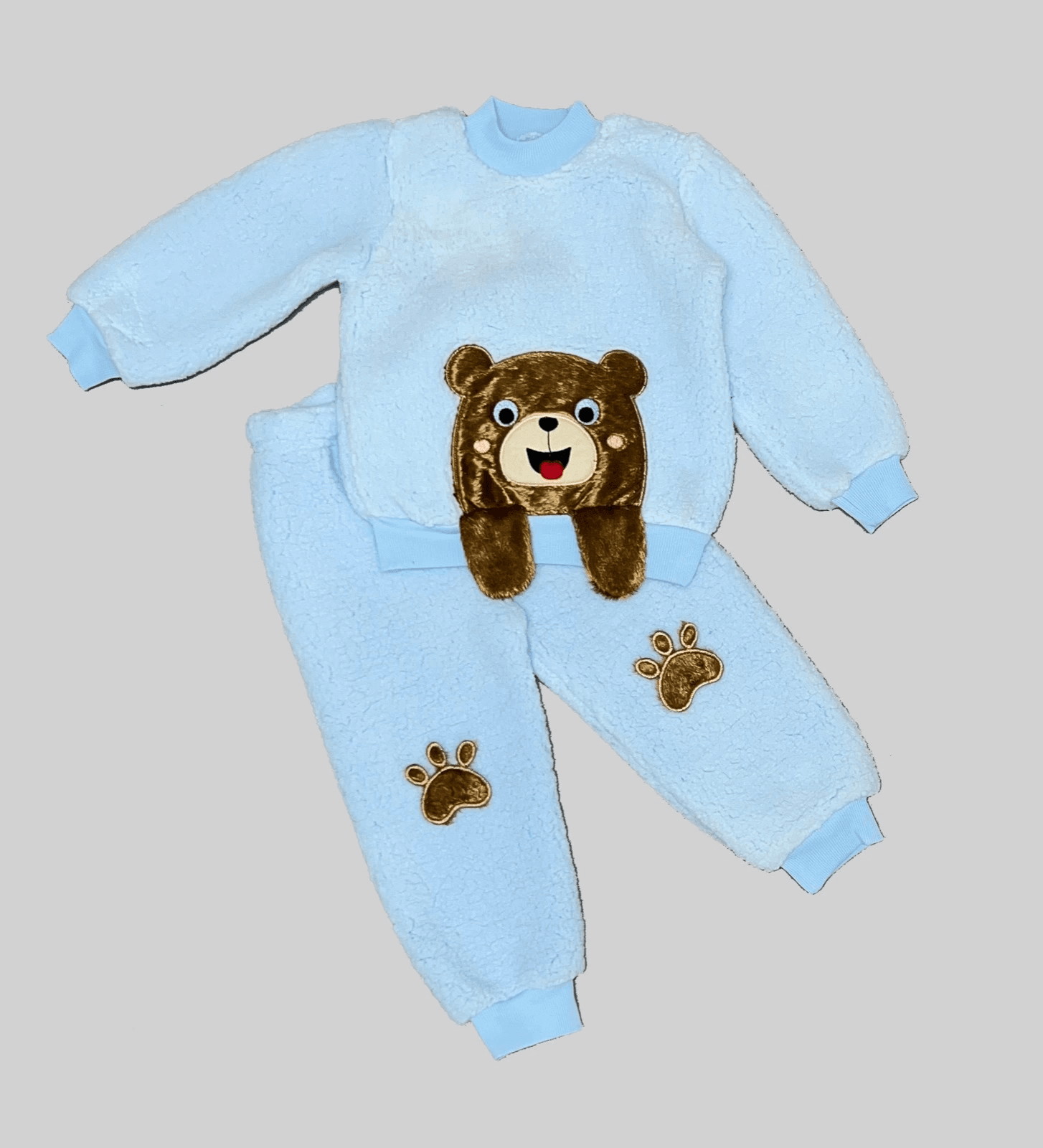 Mavi Kuzu Kumaş Sweatshirt ve Patili Pantolon Bebek Takımı