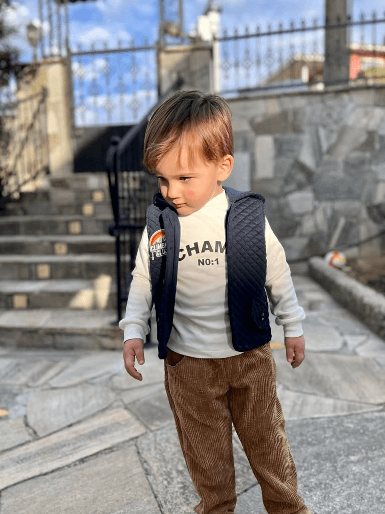 Çocuk Kapitone Yelekli Sweat Takımı | Fitilli Kadife Pantolon Kombin