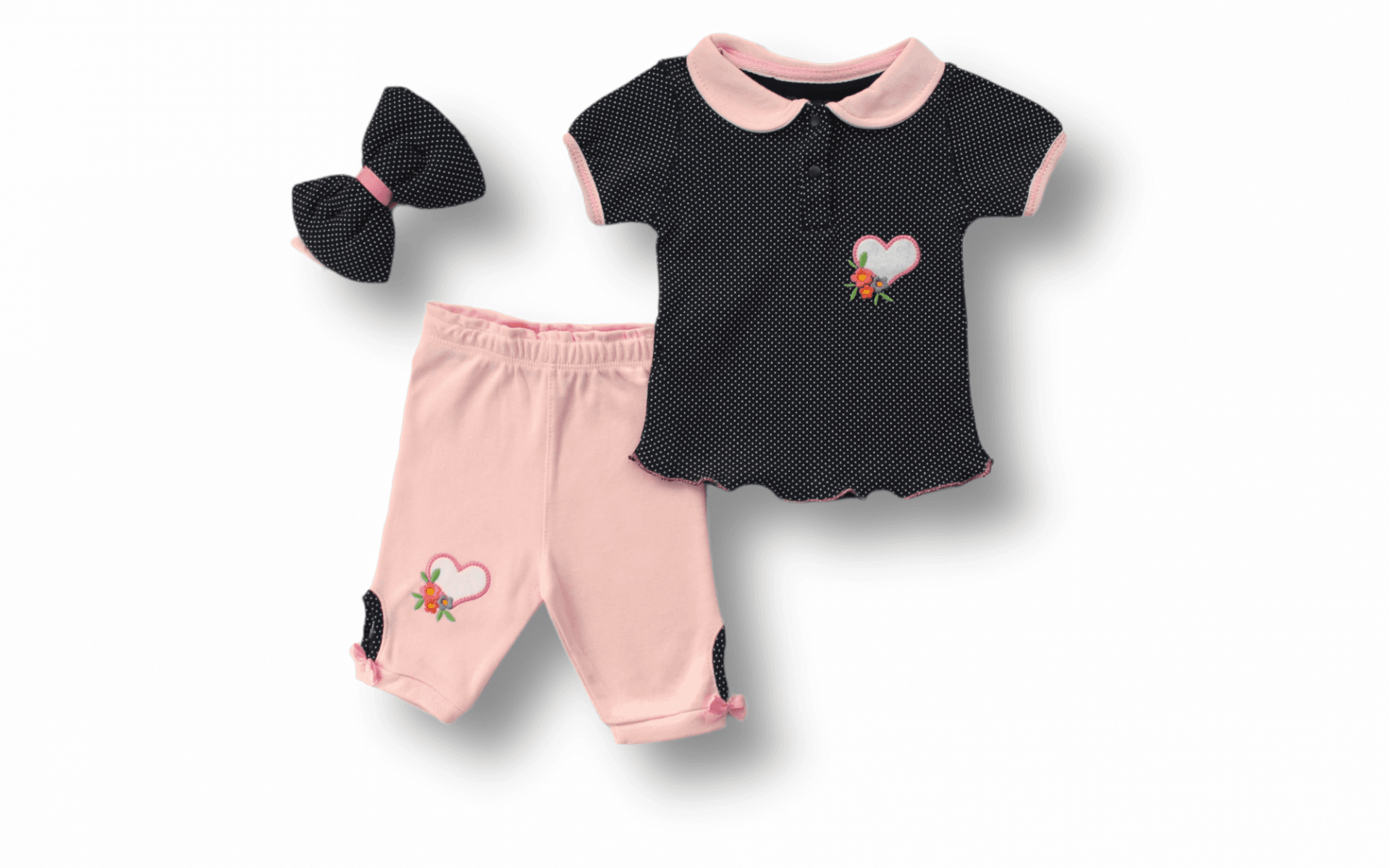 Polka Noktalı Siyah Kısa Kollu Sweat ve Pembe Pantolonlu Bebek Takımı