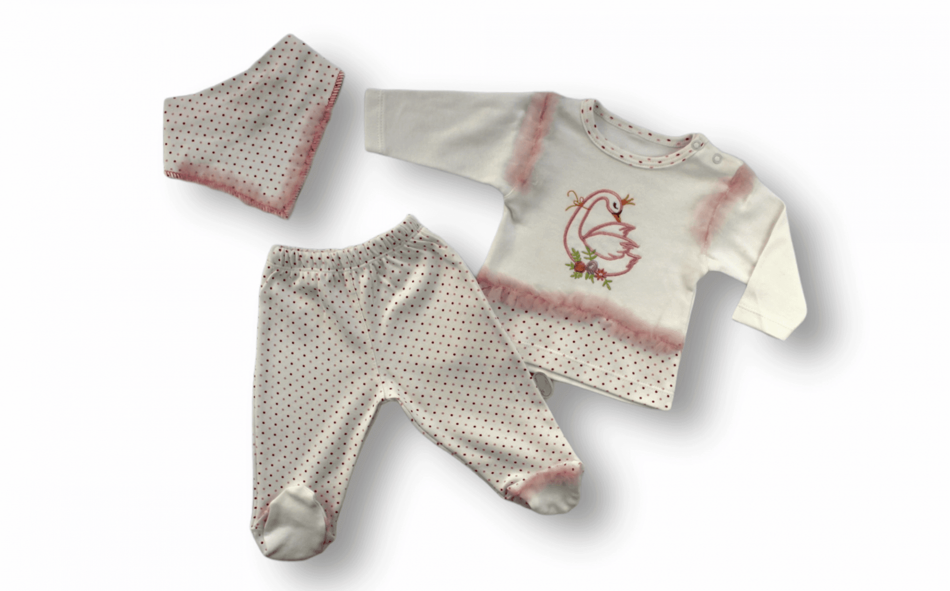 Ekru Kraliçe Kuğu Nakışlı Uzun Kollu Punntiyeli Bebek Takımı 3'lü Set