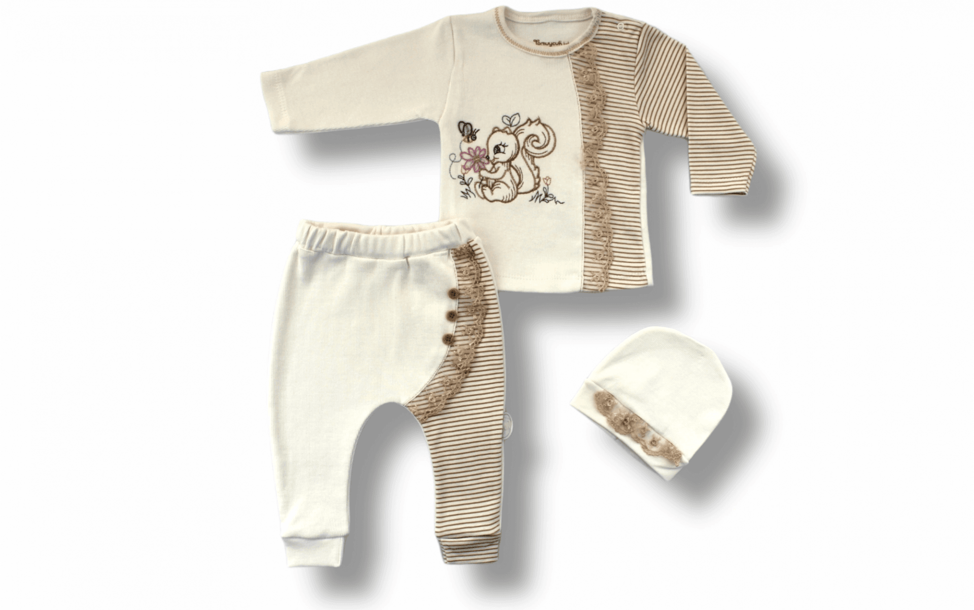 Minik Sincap Nakışlı Bebek Takımı Uzun Kollu Şapkalı 3'lü Set