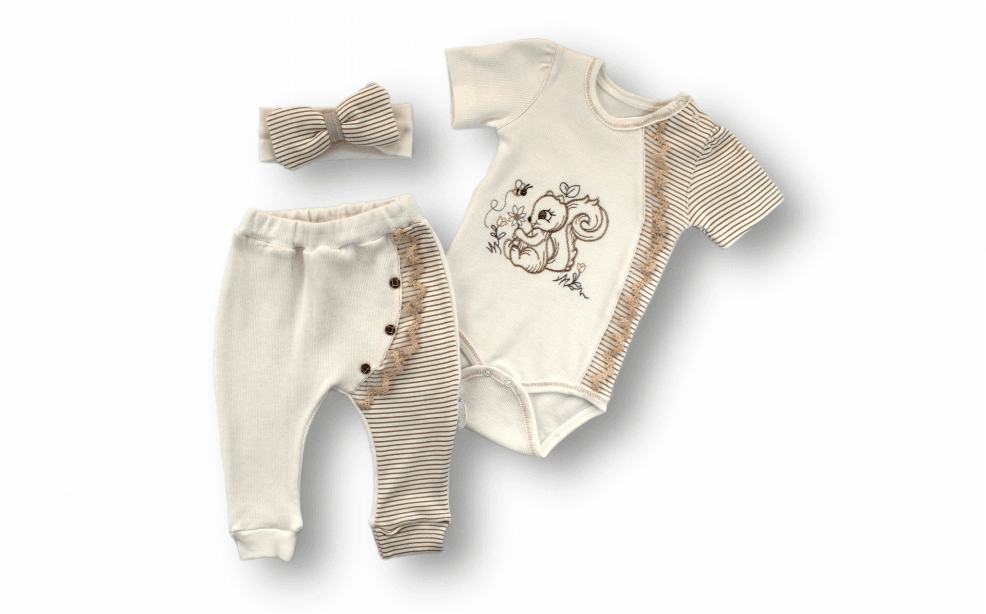 Minik Sincap Nakışlı Şık Çizgili Kız Bebek Tulum & Pantolon Takımı