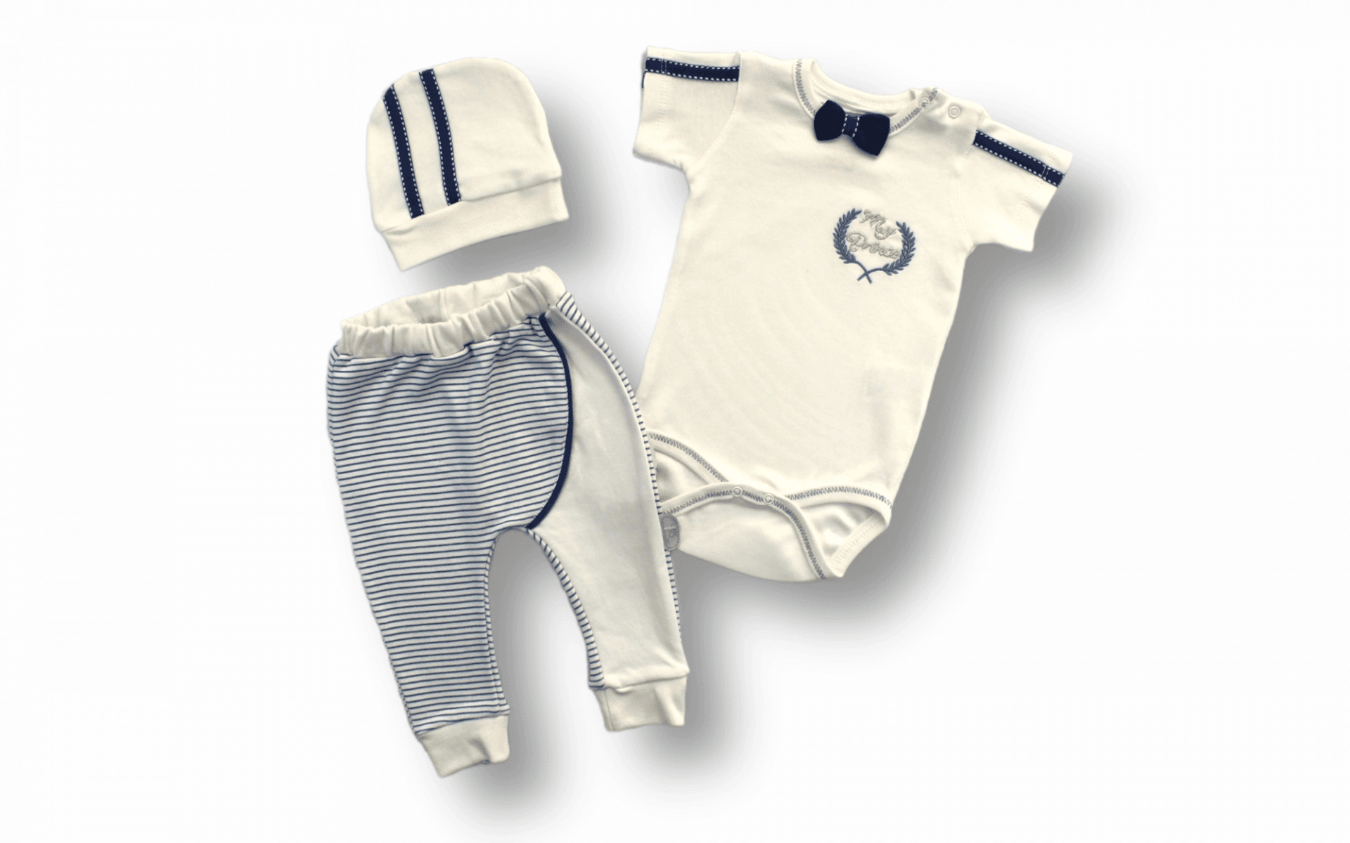 3-6 6-9 9-12 Ay My Prince Nakışlı Şapkalı Kısa Kollu Zıbınlı 3lü Erkek Bebek Takımı Ekru